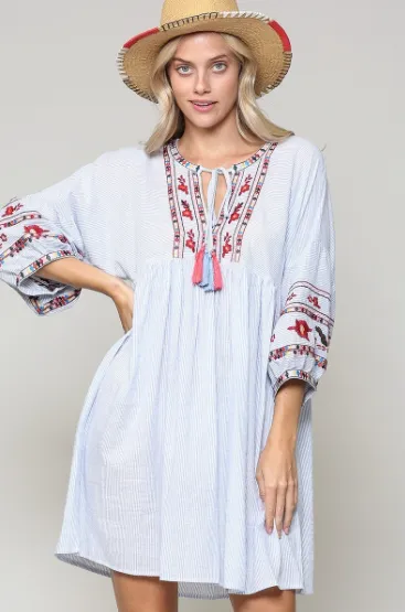 Lightweight Striped and Embroidered Dress