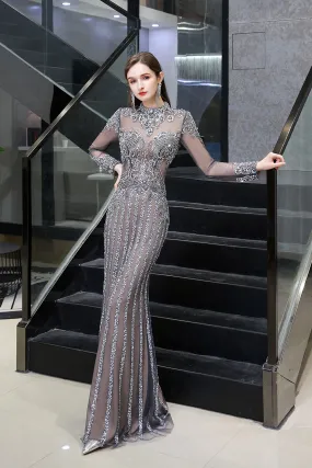 Long Sleeve Mermaid Sequins High-Neck Evening Gowns