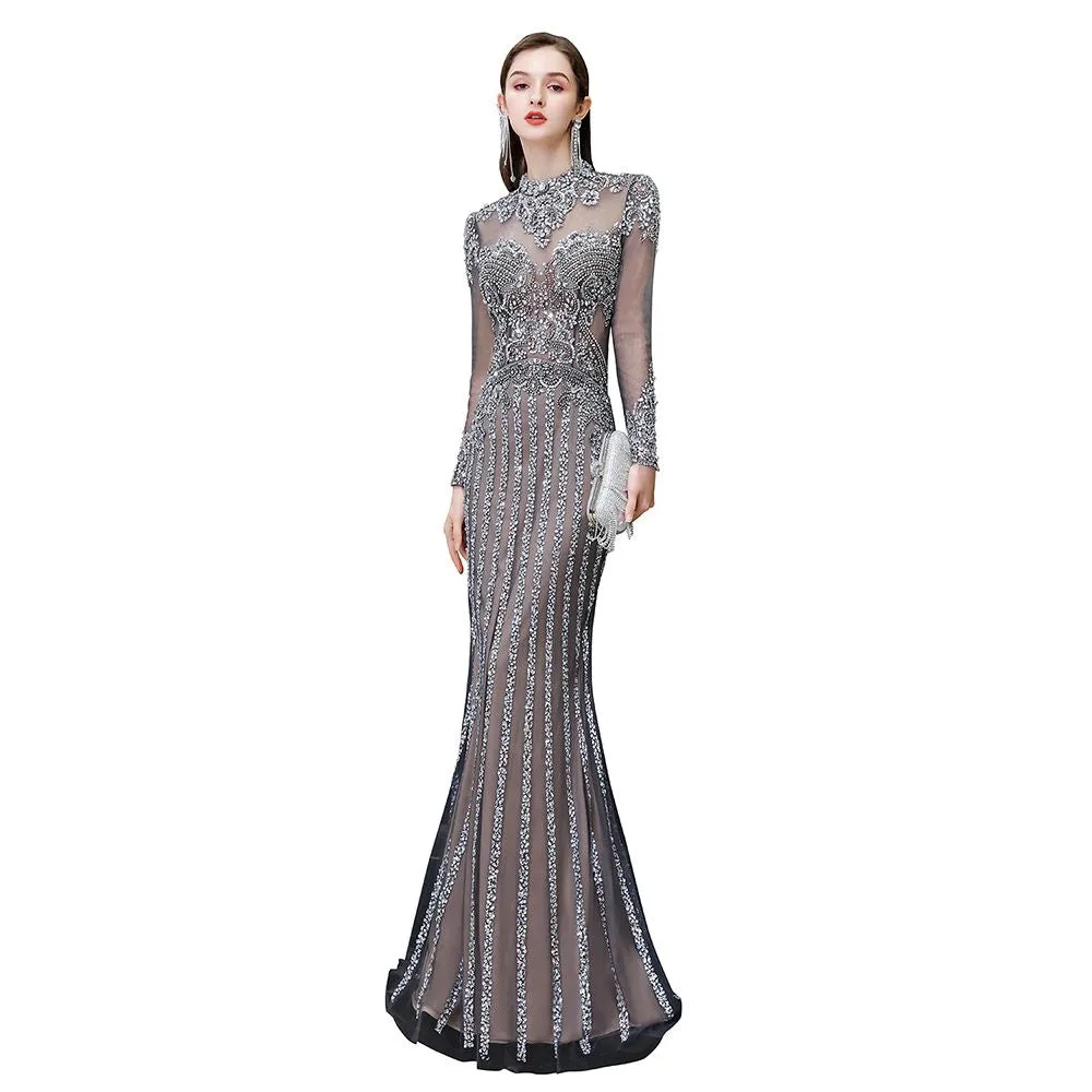 Long Sleeve Mermaid Sequins High-Neck Evening Gowns