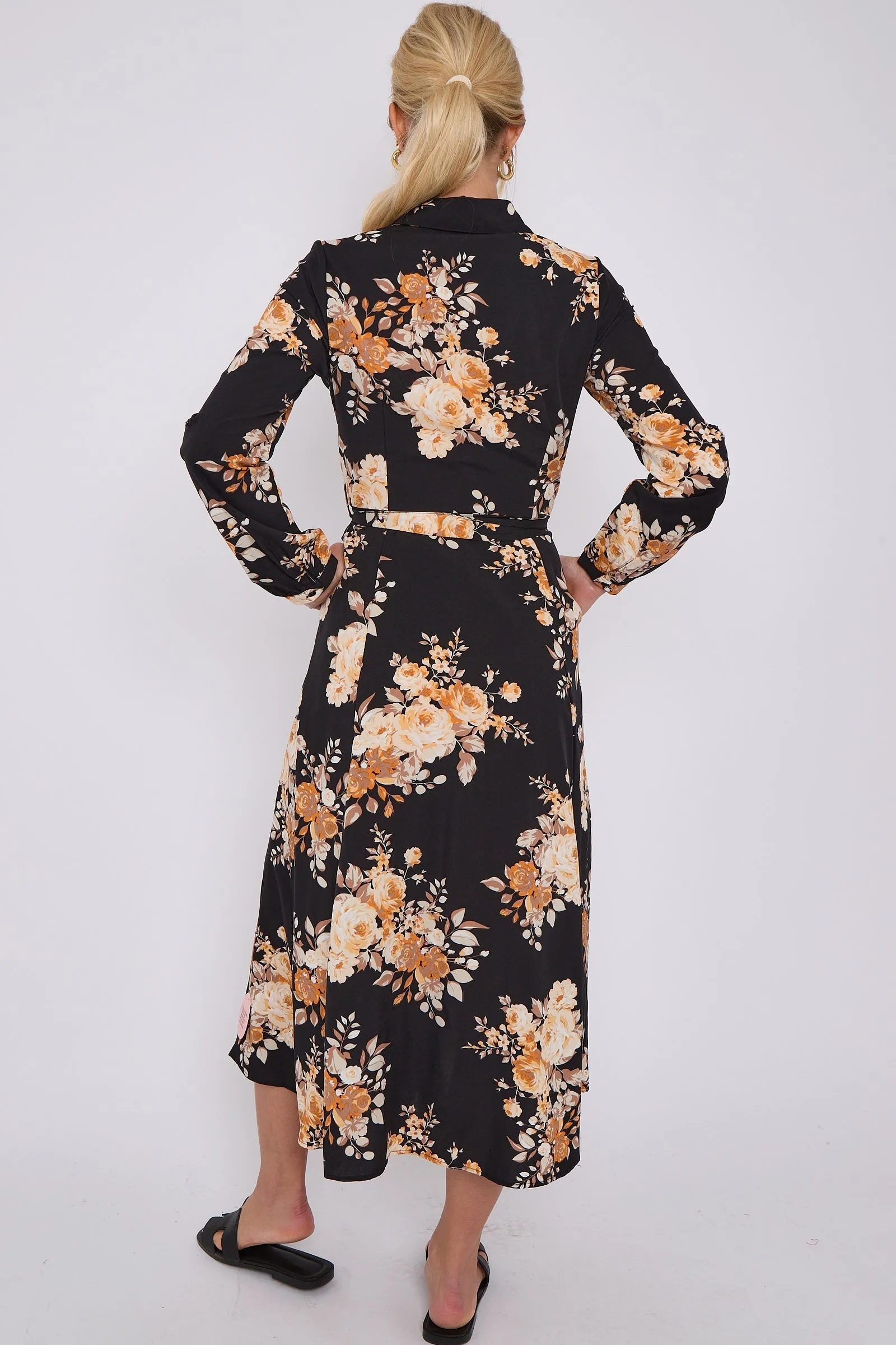 LOVE SUNSHINE Black Floral Print Midaxi Shirt Dress