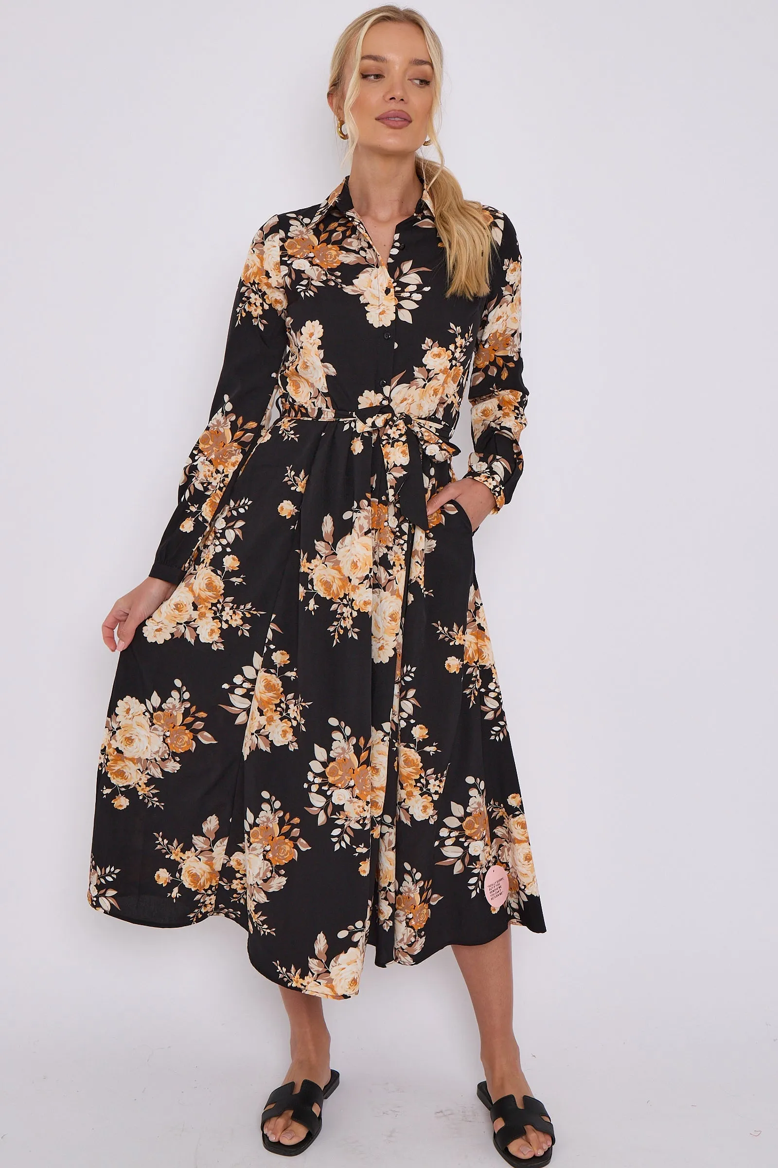 LOVE SUNSHINE Black Floral Print Midaxi Shirt Dress