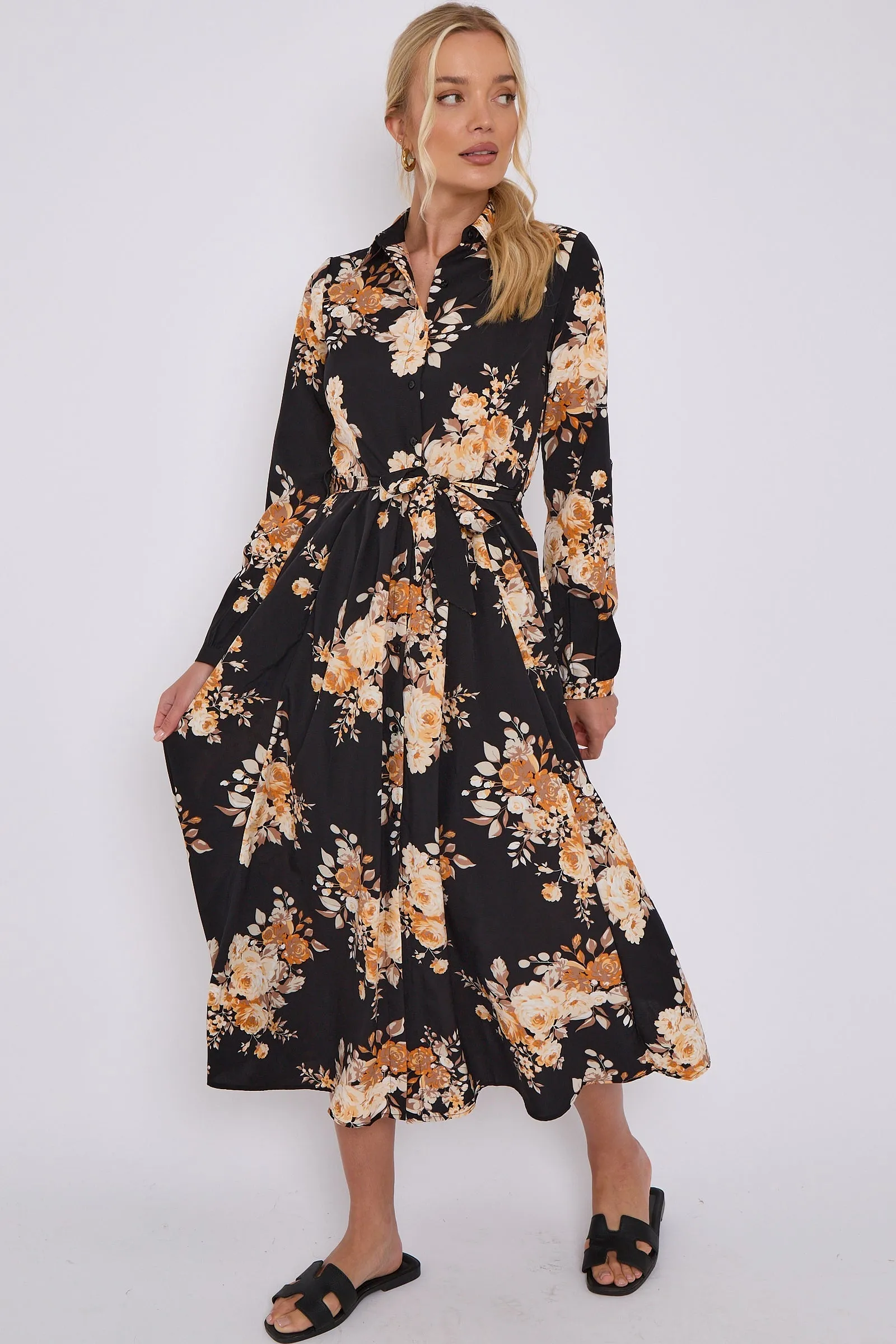 LOVE SUNSHINE Black Floral Print Midaxi Shirt Dress