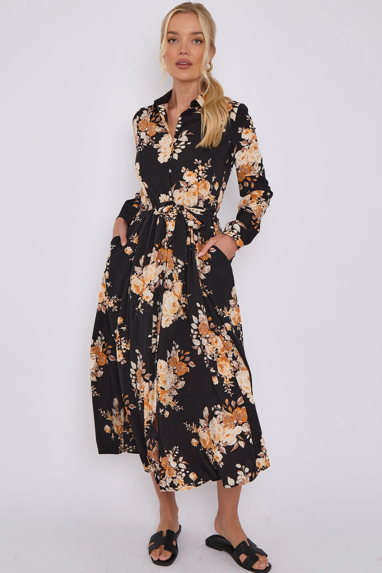 LOVE SUNSHINE Black Floral Print Midaxi Shirt Dress