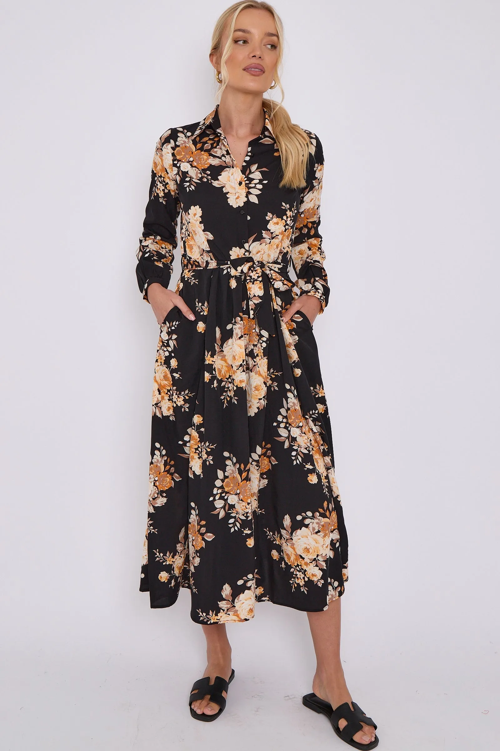 LOVE SUNSHINE Black Floral Print Midaxi Shirt Dress