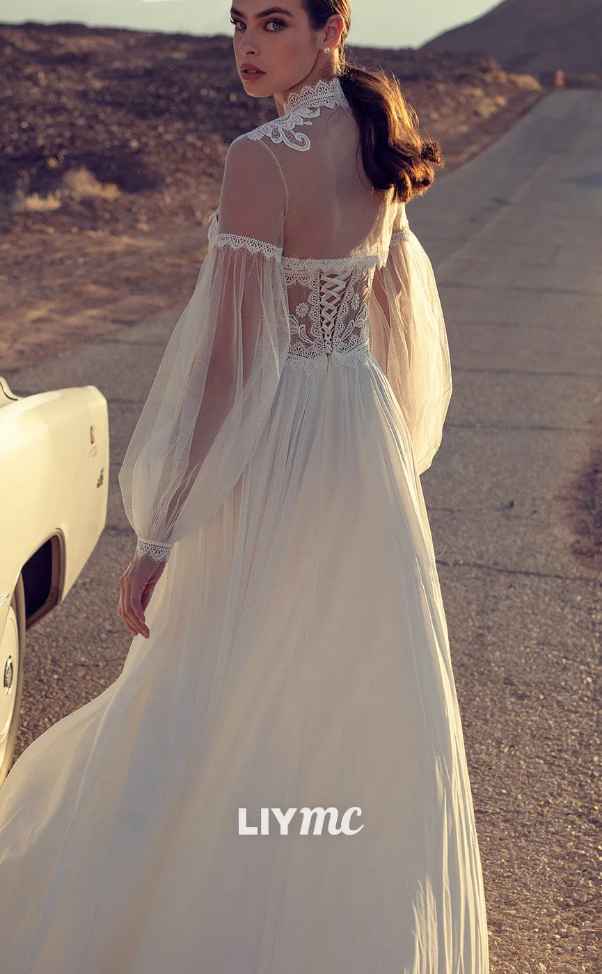 LW908 - Sweetheart Long Sleeves Appliques Pleated A-Line Side Slit Boho Wedding Dress