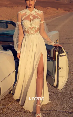 LW908 - Sweetheart Long Sleeves Appliques Pleated A-Line Side Slit Boho Wedding Dress