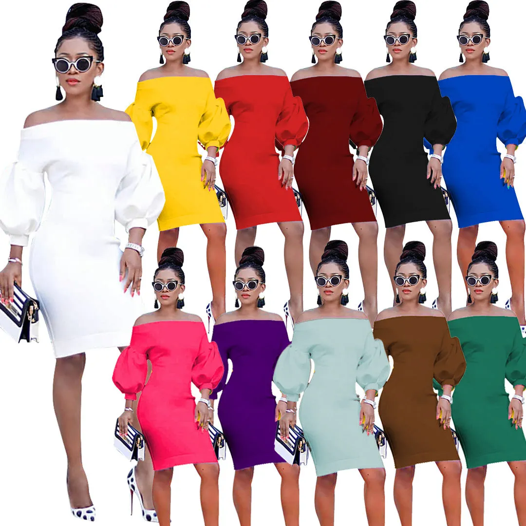 MB FASHION Elegant Off-Shoulder Puff Sleeve Dress 6129R