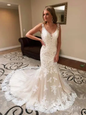 Mermaid Deep V neck Open Back Wedding Dresses Rustic Lace Bridal Gowns CBD497