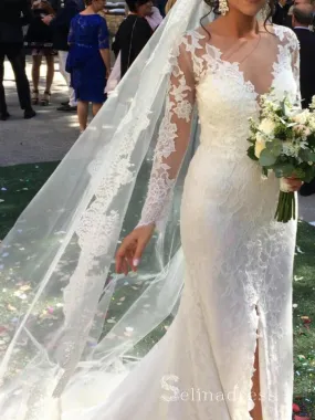 Mermaid Long Sleeve See Through Lace Wedding Dresses Rustic Bridal Gowns MHL1698