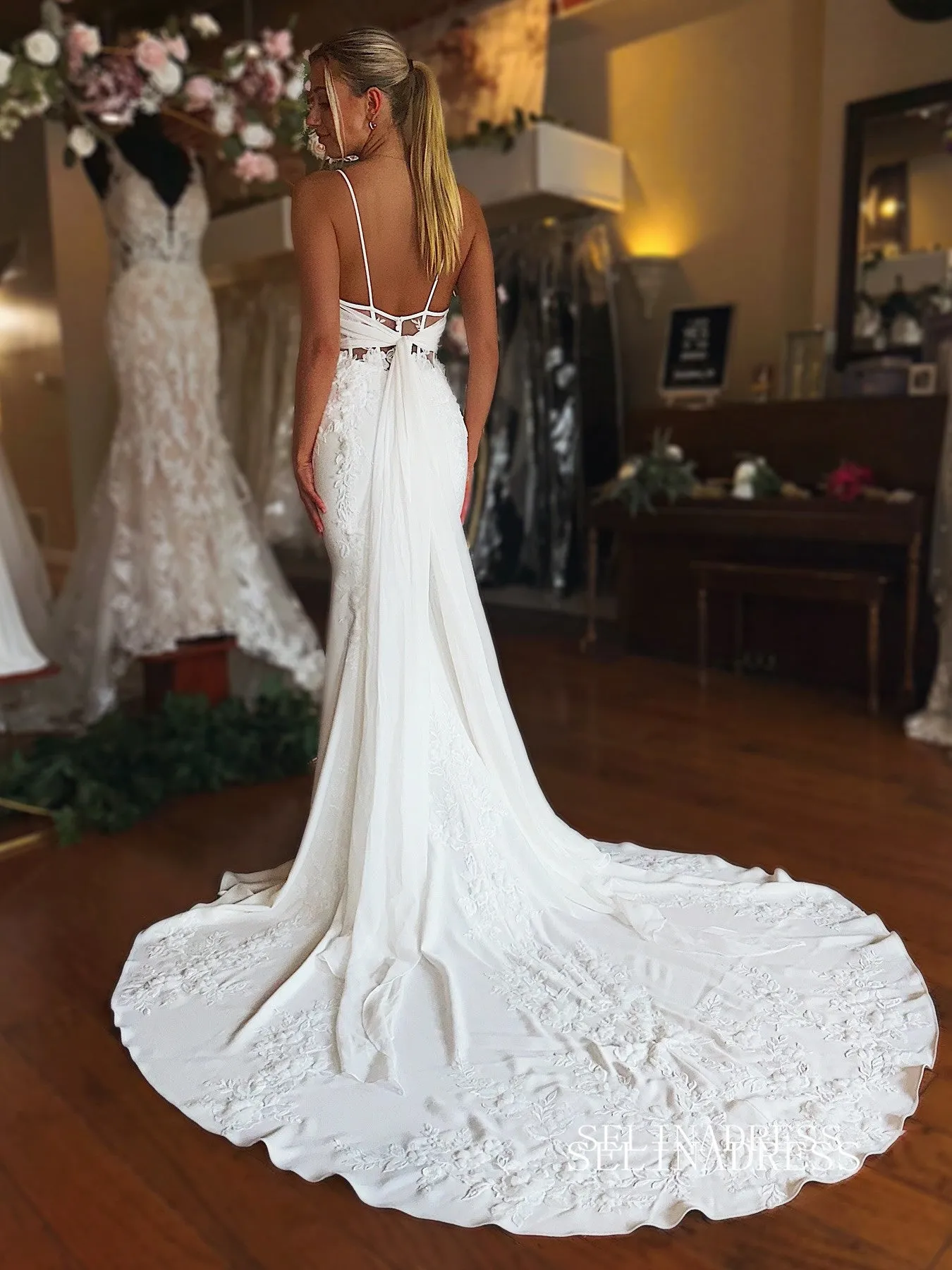 Mermaid Spaghetti Straps Rustic Wedding Dresses Satin Bridal Gowns EWR458
