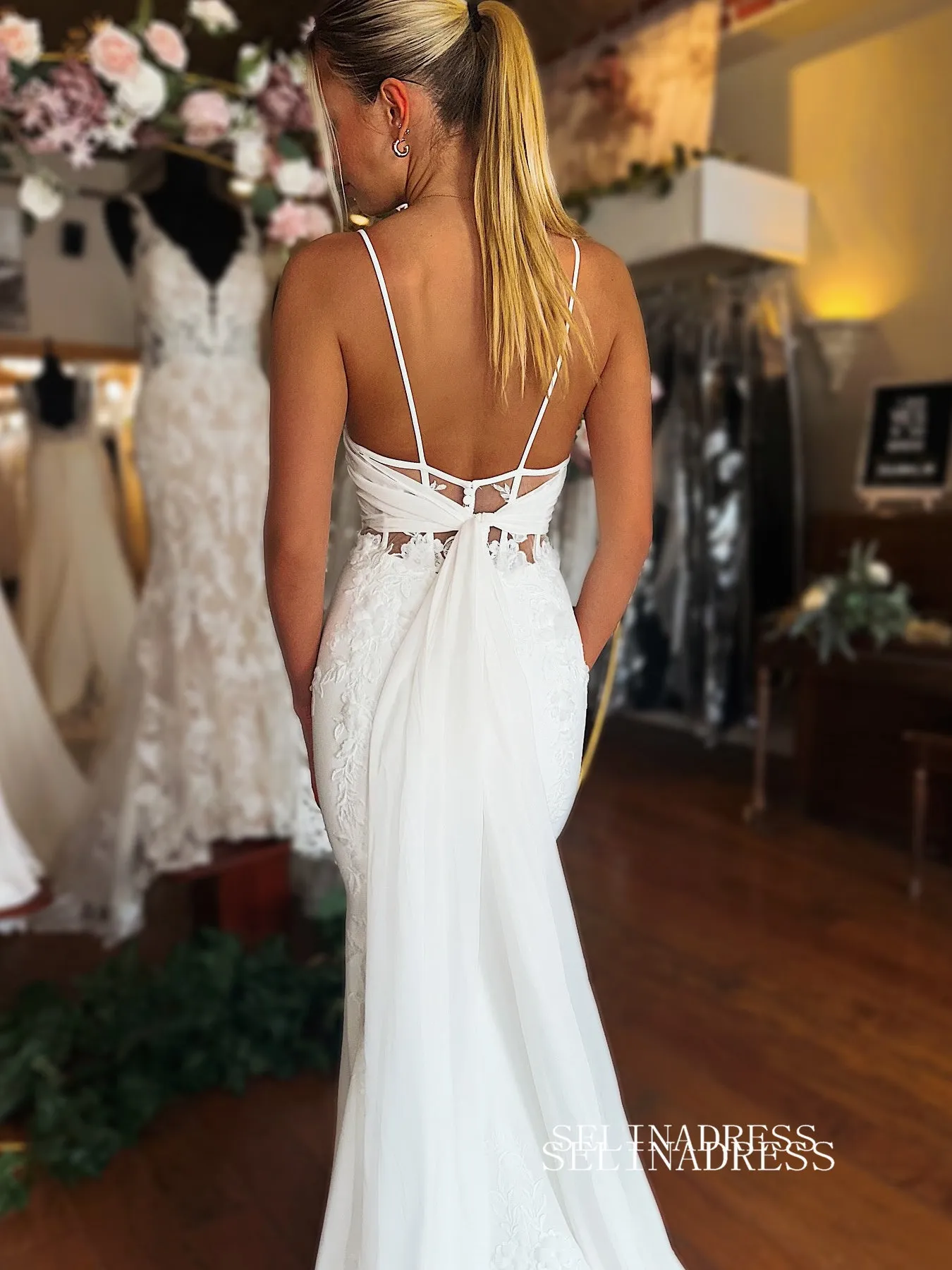 Mermaid Spaghetti Straps Rustic Wedding Dresses Satin Bridal Gowns EWR458