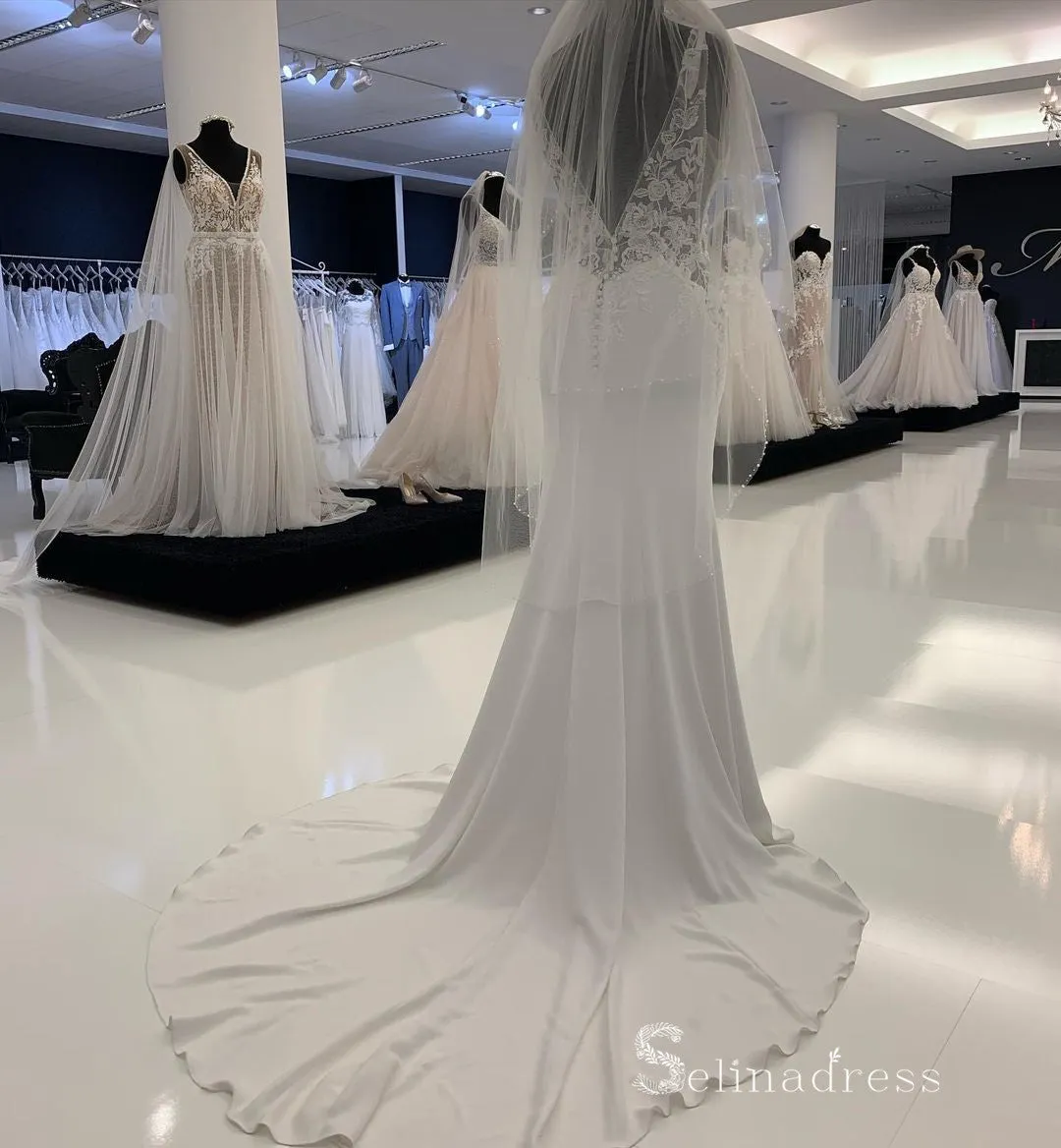 Mermaid V neck See Through Wedding Dress Thigh Split Rustic Satin Wedding Formal Dress RYU019