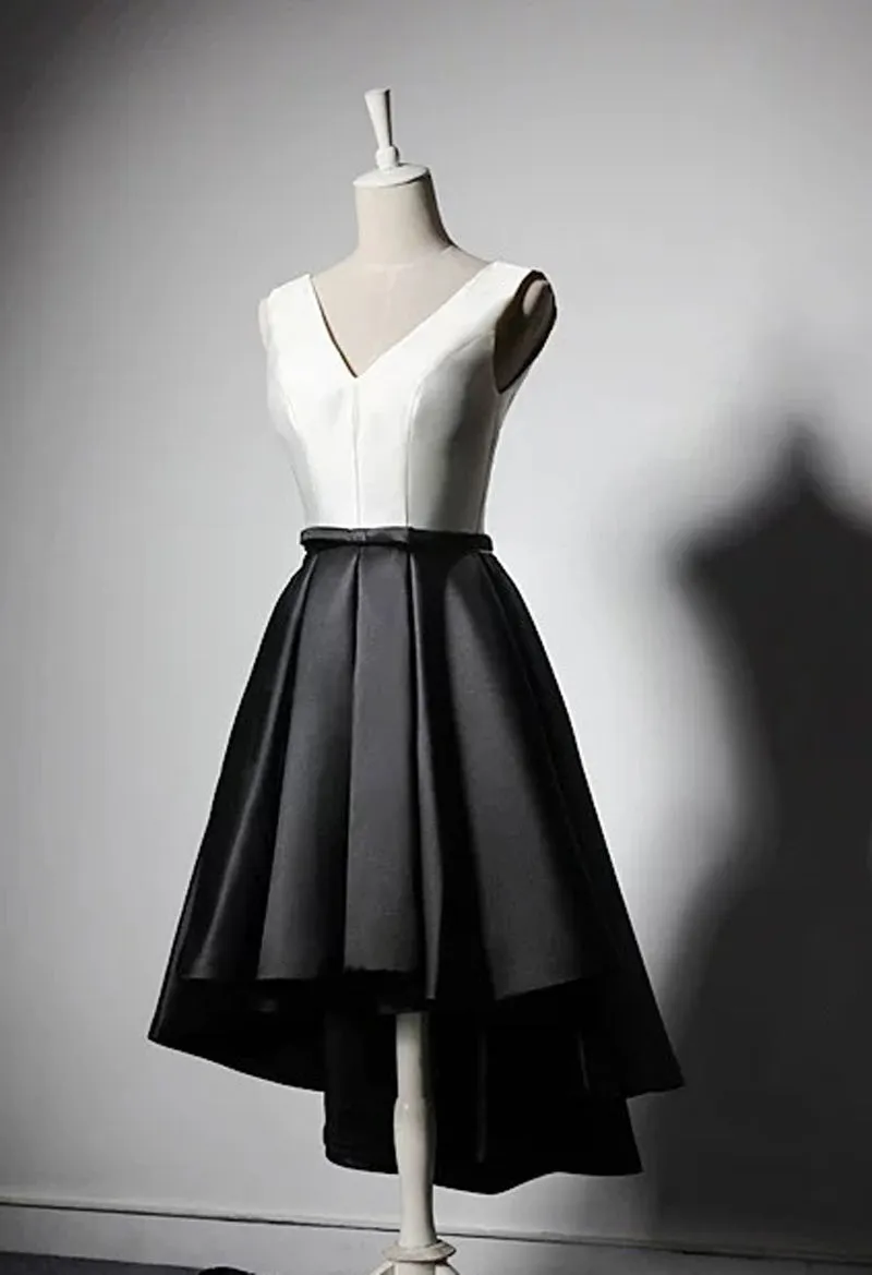 Modern V neck sexy knee length white and black chic hi low party dress