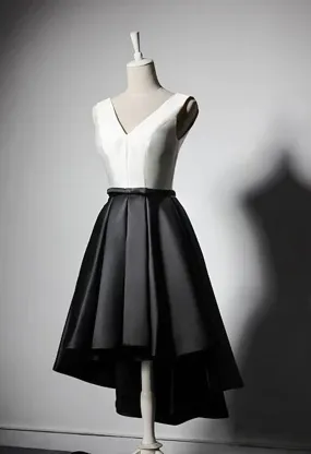 Modern V neck sexy knee length white and black chic hi low party dress