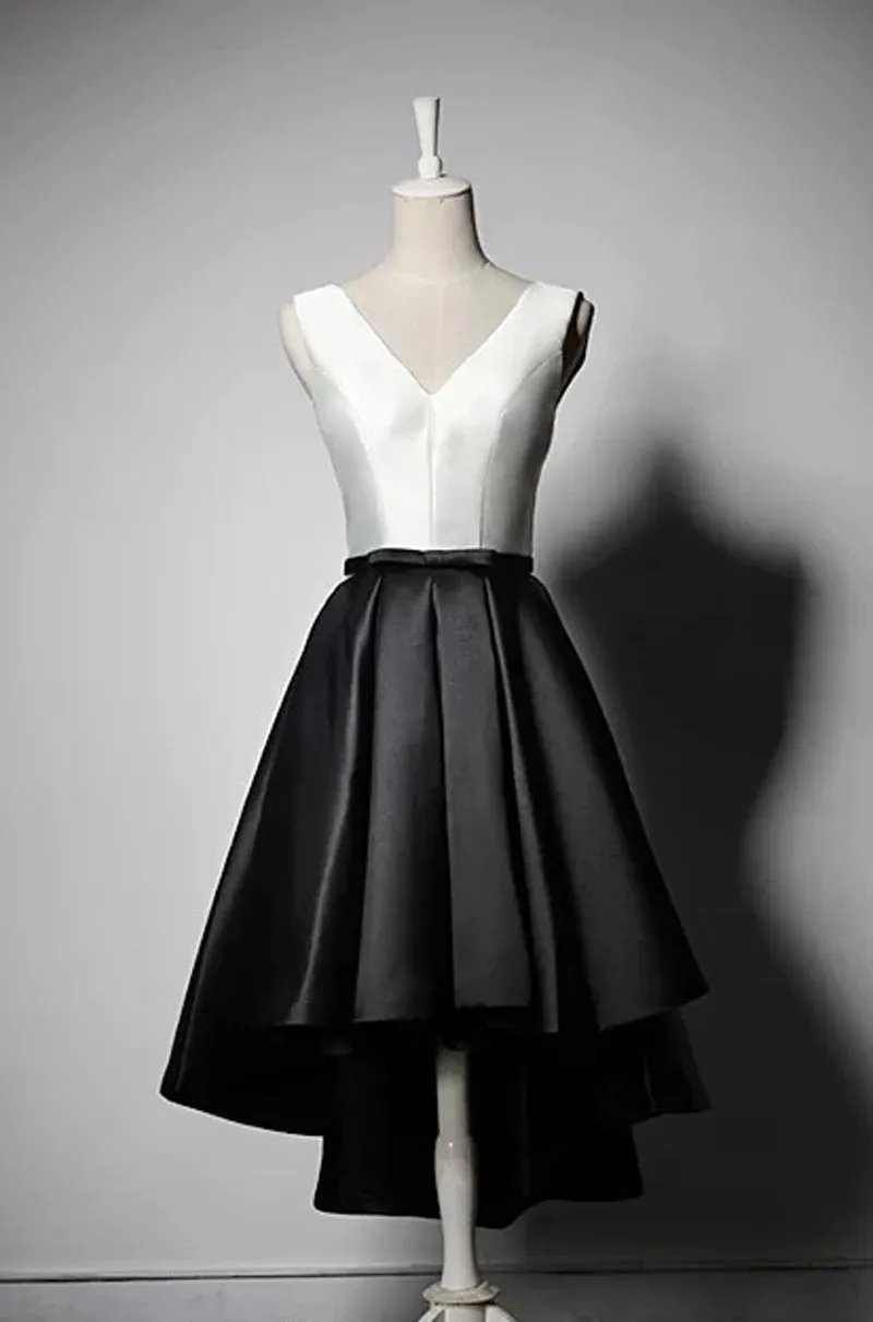 Modern V neck sexy knee length white and black chic hi low party dress