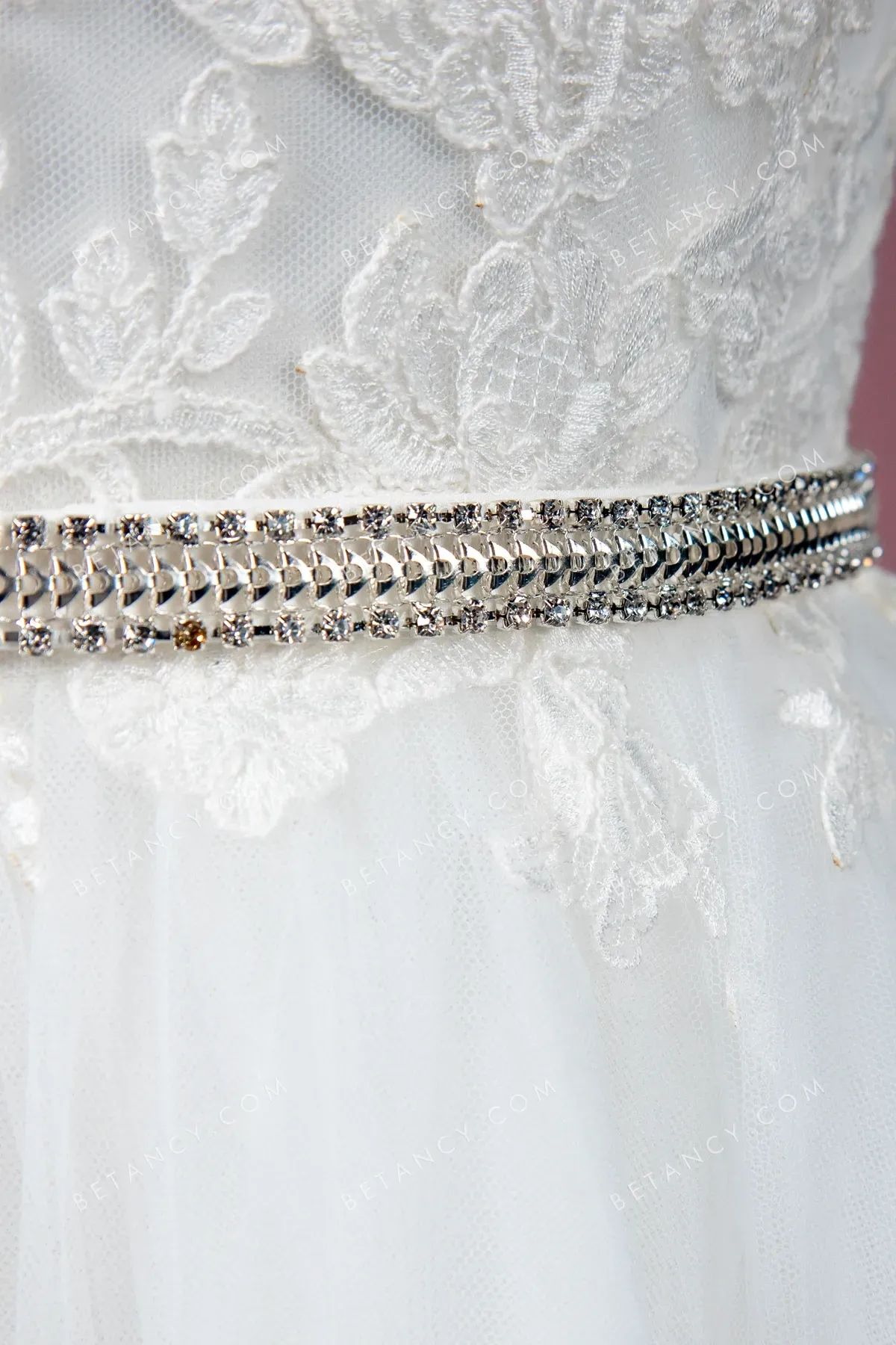 Modest Lace and Tulle 3/4 Sleeve Puffy Wedding Gown