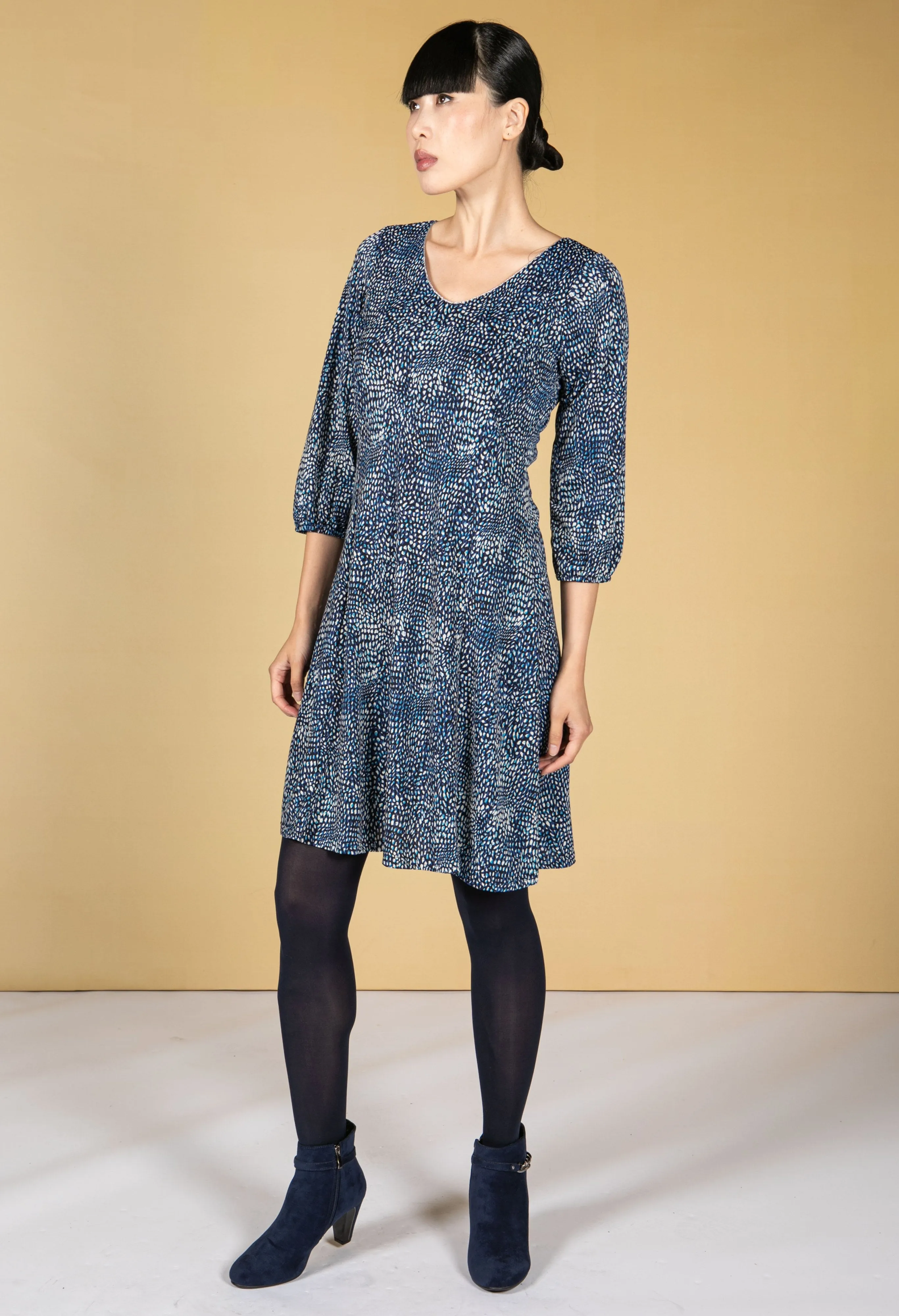 Navy Dotted Print Dress