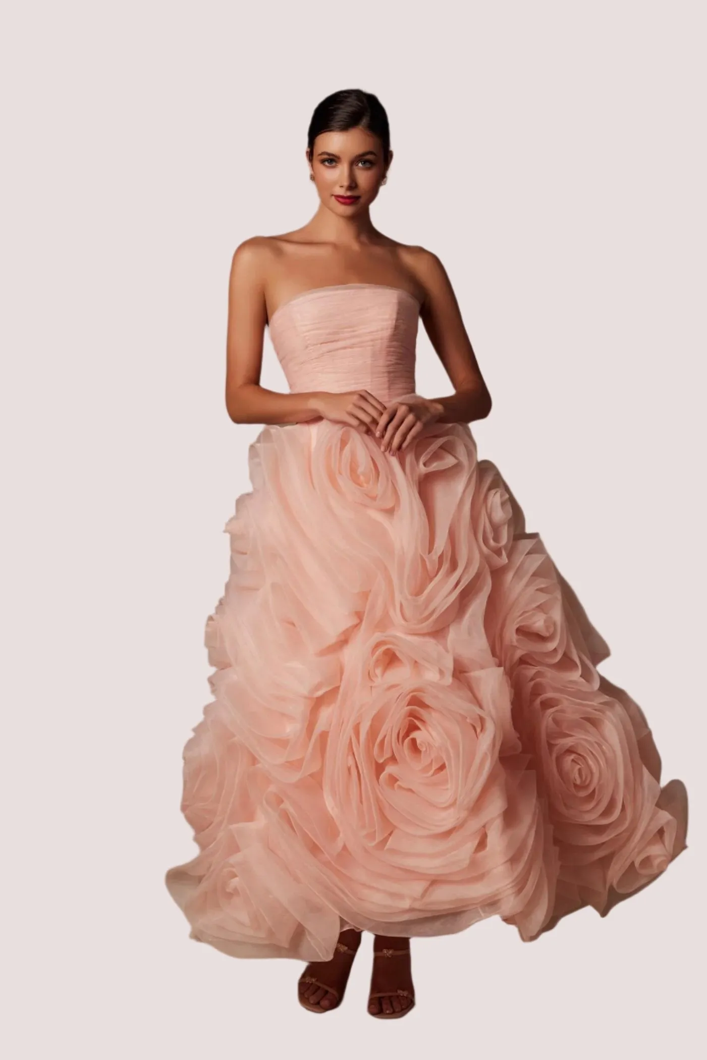 Nox Anabel JQ1037 Tea Length A Line Ruffle Formal Dress Strapless Corset Organza Floral
