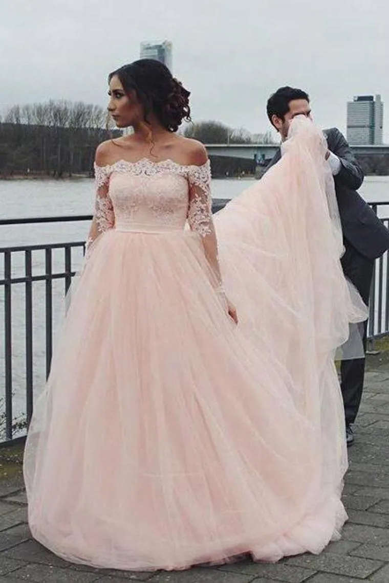 Off The Shoulder Long Sleeves A-Line Wedding Dresses Tulle Bridal Dresses