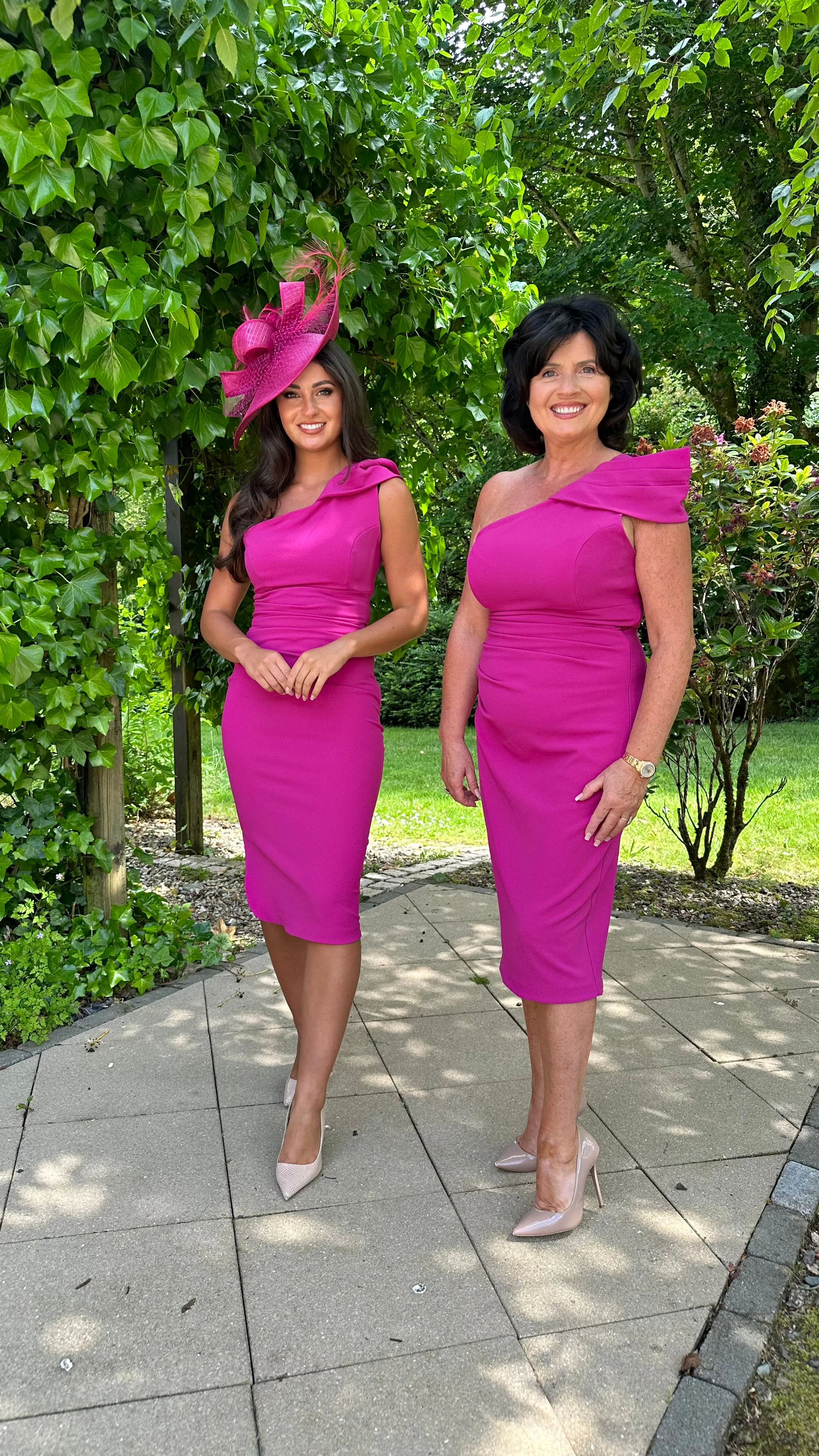 One Shoulder Midi Crepe Dress in Magenta Pink
