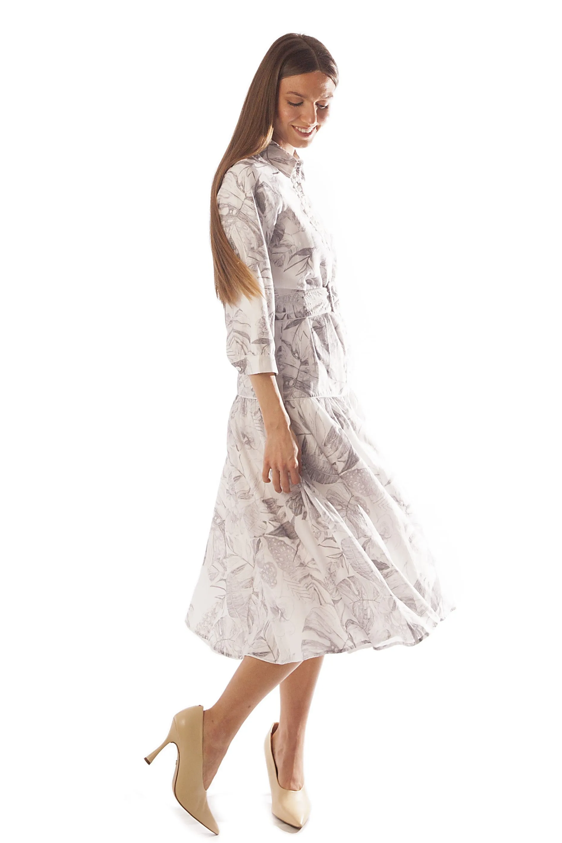 Piped Leaf Print Dress w/ Belt