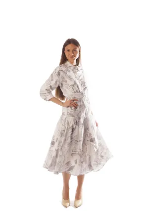 Piped Leaf Print Dress w/ Belt