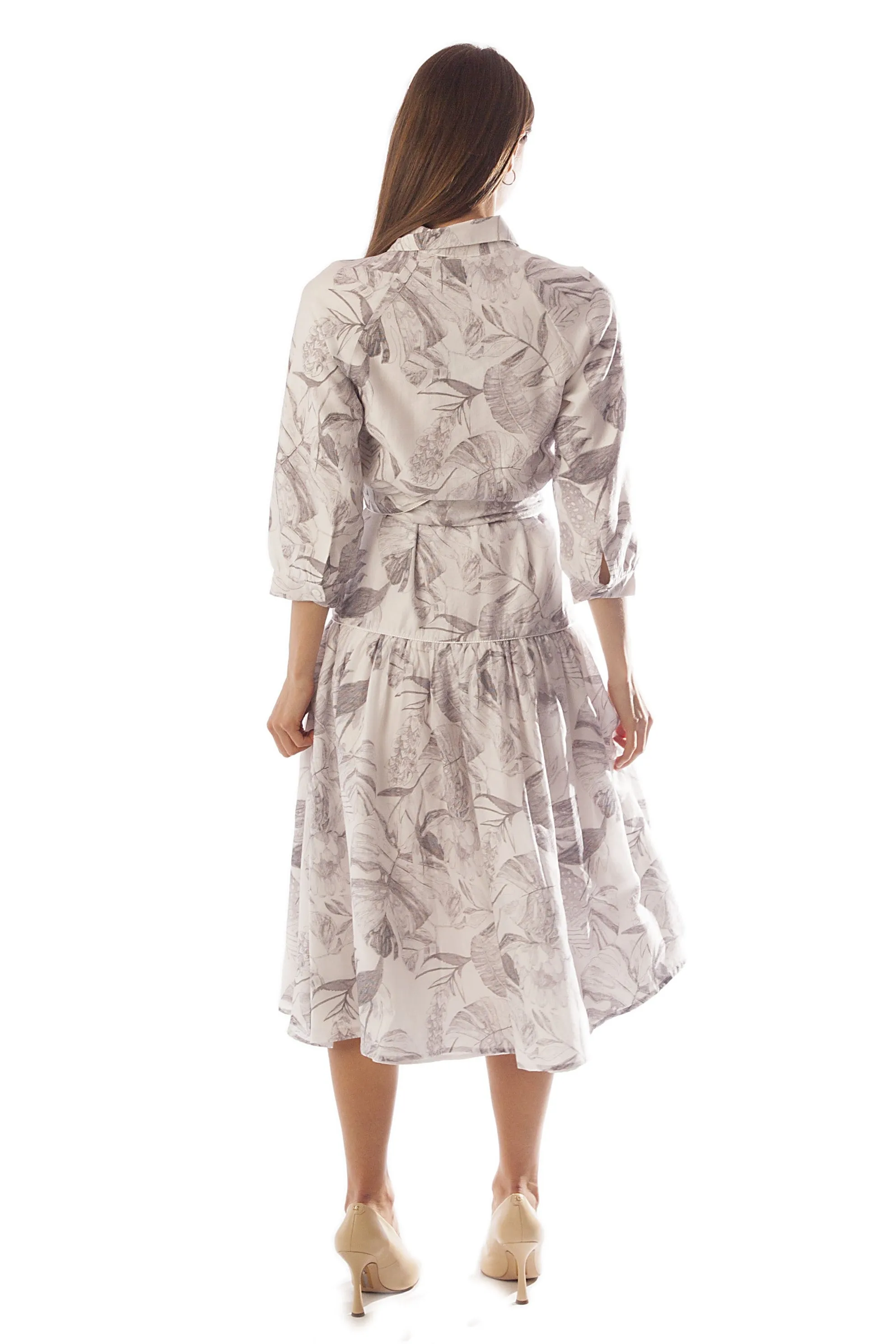 Piped Leaf Print Dress w/ Belt
