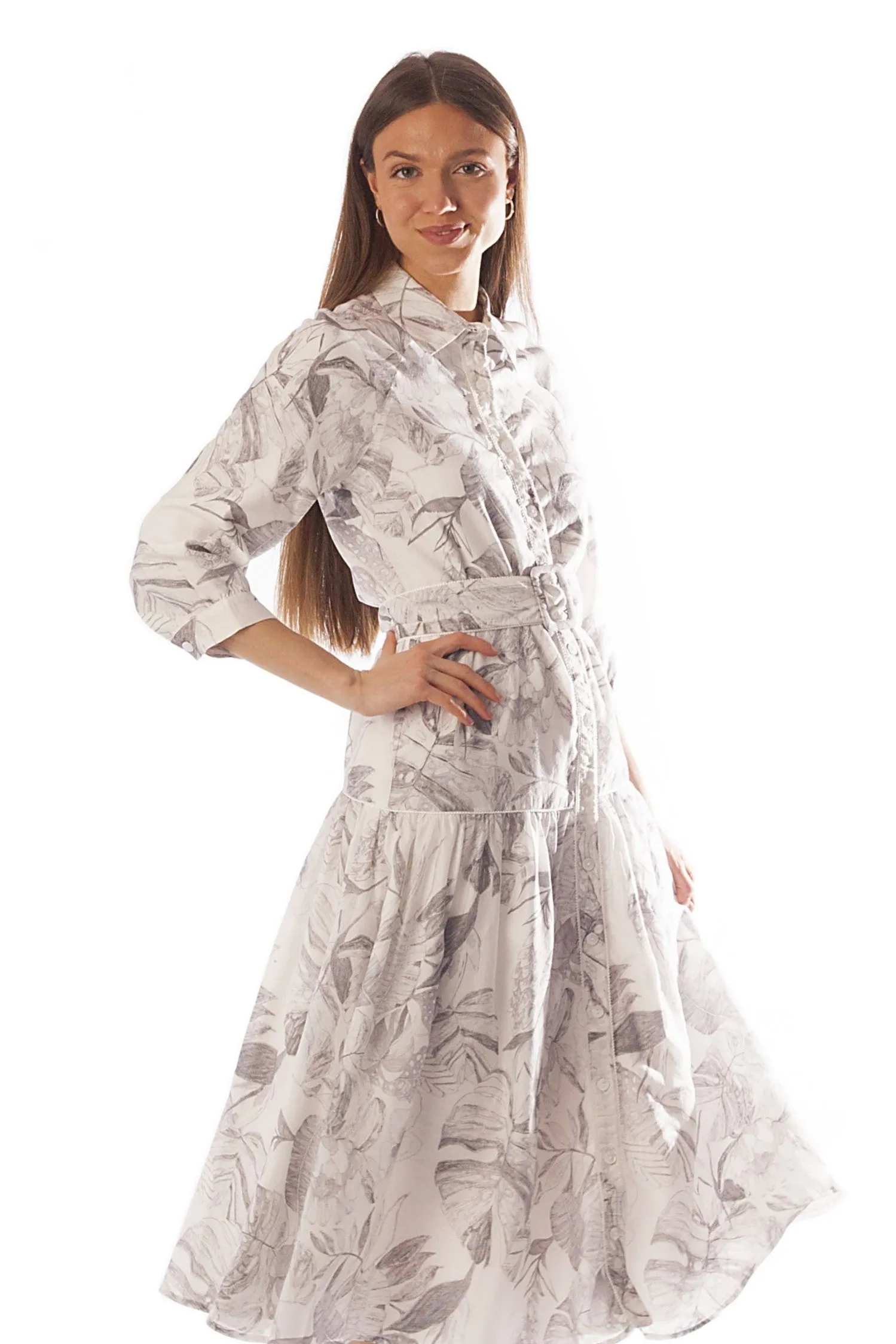 Piped Leaf Print Dress w/ Belt