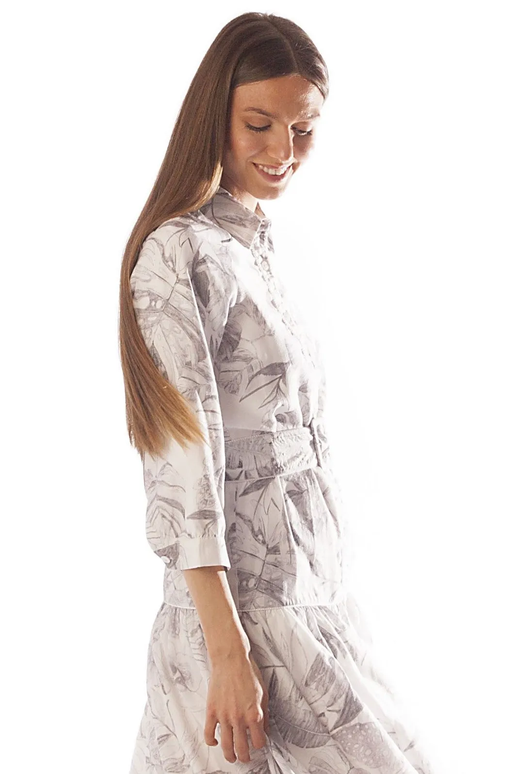 Piped Leaf Print Dress w/ Belt