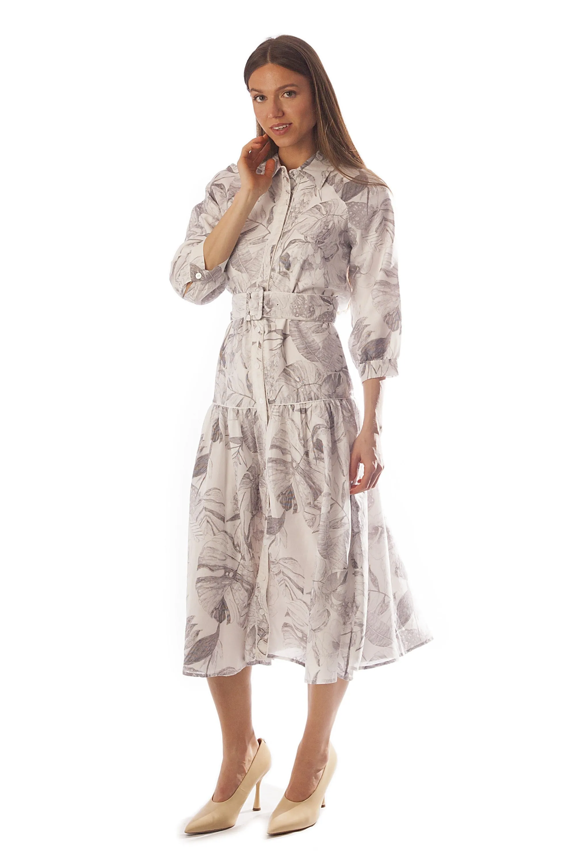 Piped Leaf Print Dress w/ Belt