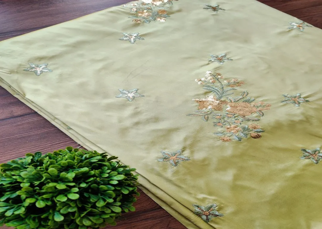 Pista Green Embroidered Sequins And Thread Motifs Flowers Taffeta Silk
