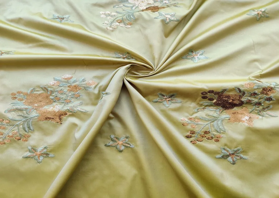 Pista Green Embroidered Sequins And Thread Motifs Flowers Taffeta Silk