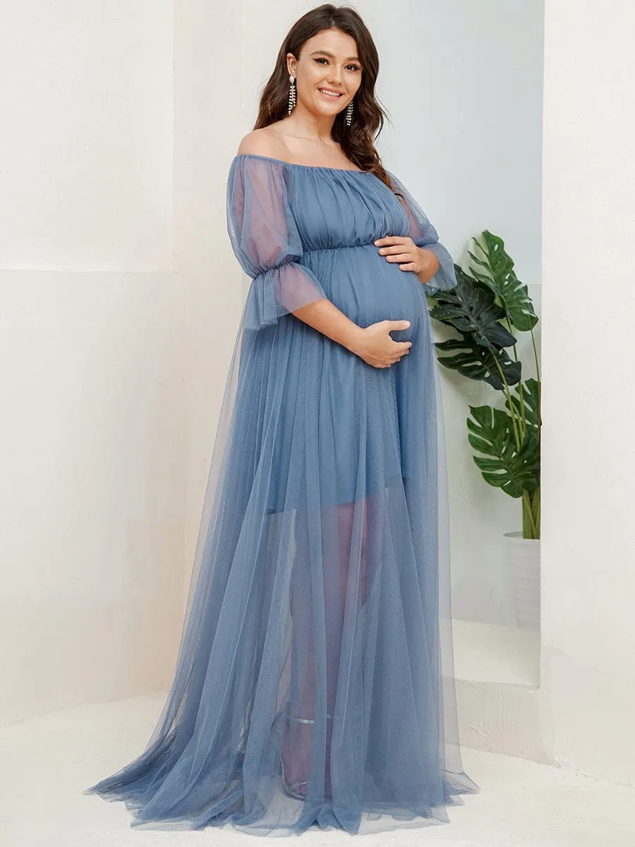 Plus Size Off the Shoulder Pleated Maxi Tulle Maternity Dress