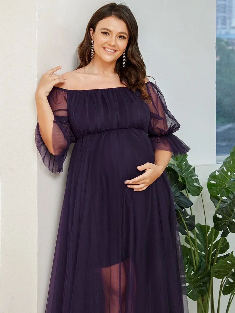 Plus Size Off the Shoulder Pleated Maxi Tulle Maternity Dress