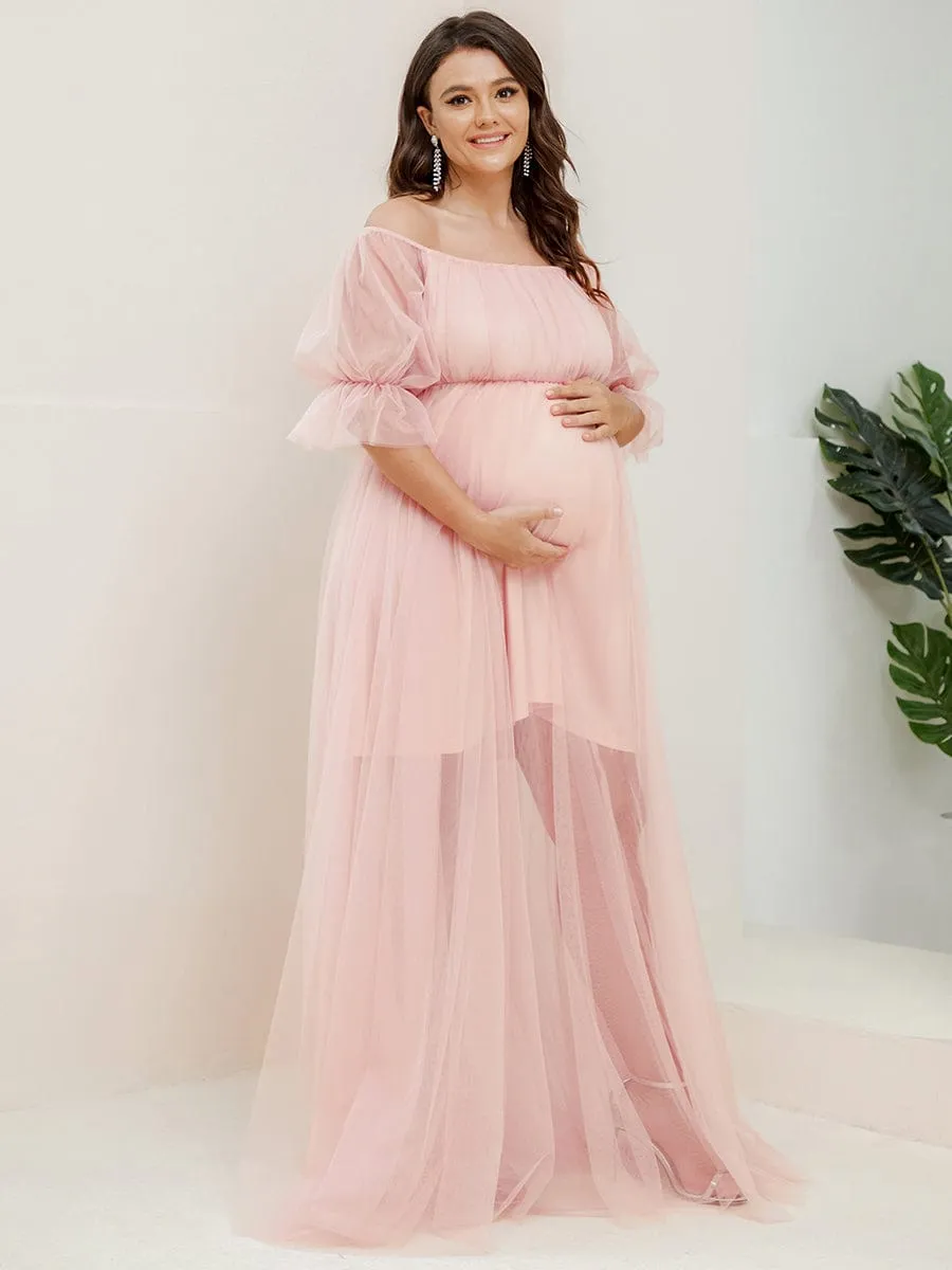 Plus Size Off the Shoulder Pleated Maxi Tulle Maternity Dress