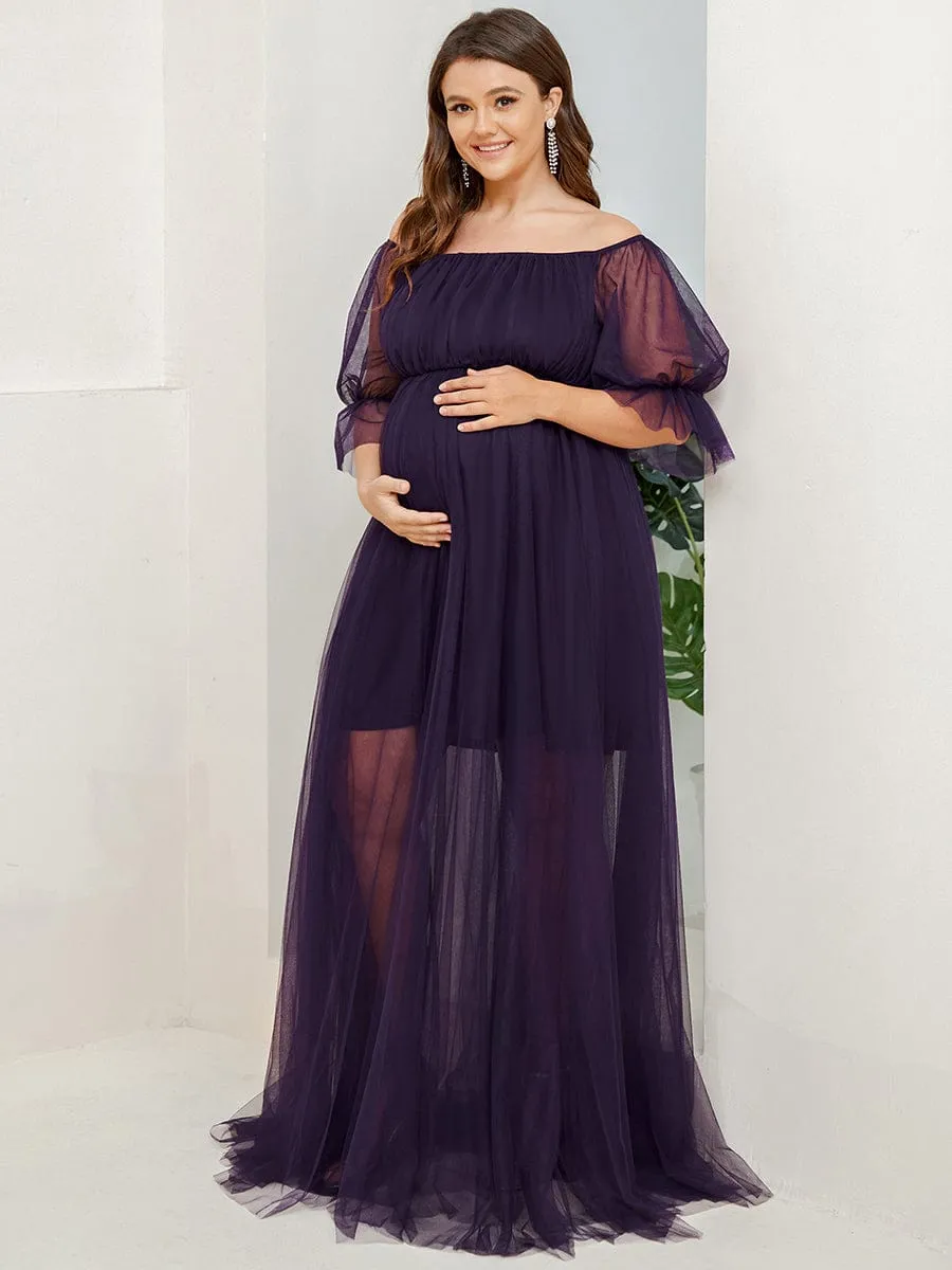Plus Size Off the Shoulder Pleated Maxi Tulle Maternity Dress