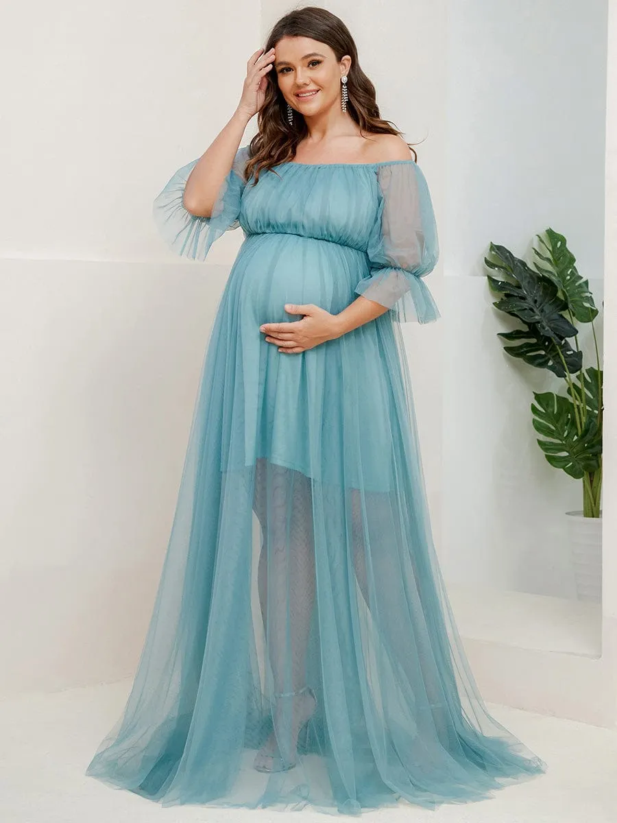 Plus Size Off the Shoulder Pleated Maxi Tulle Maternity Dress
