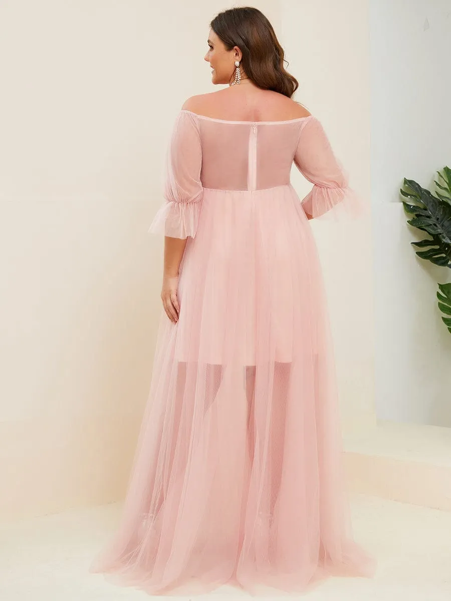 Plus Size Off the Shoulder Pleated Maxi Tulle Maternity Dress