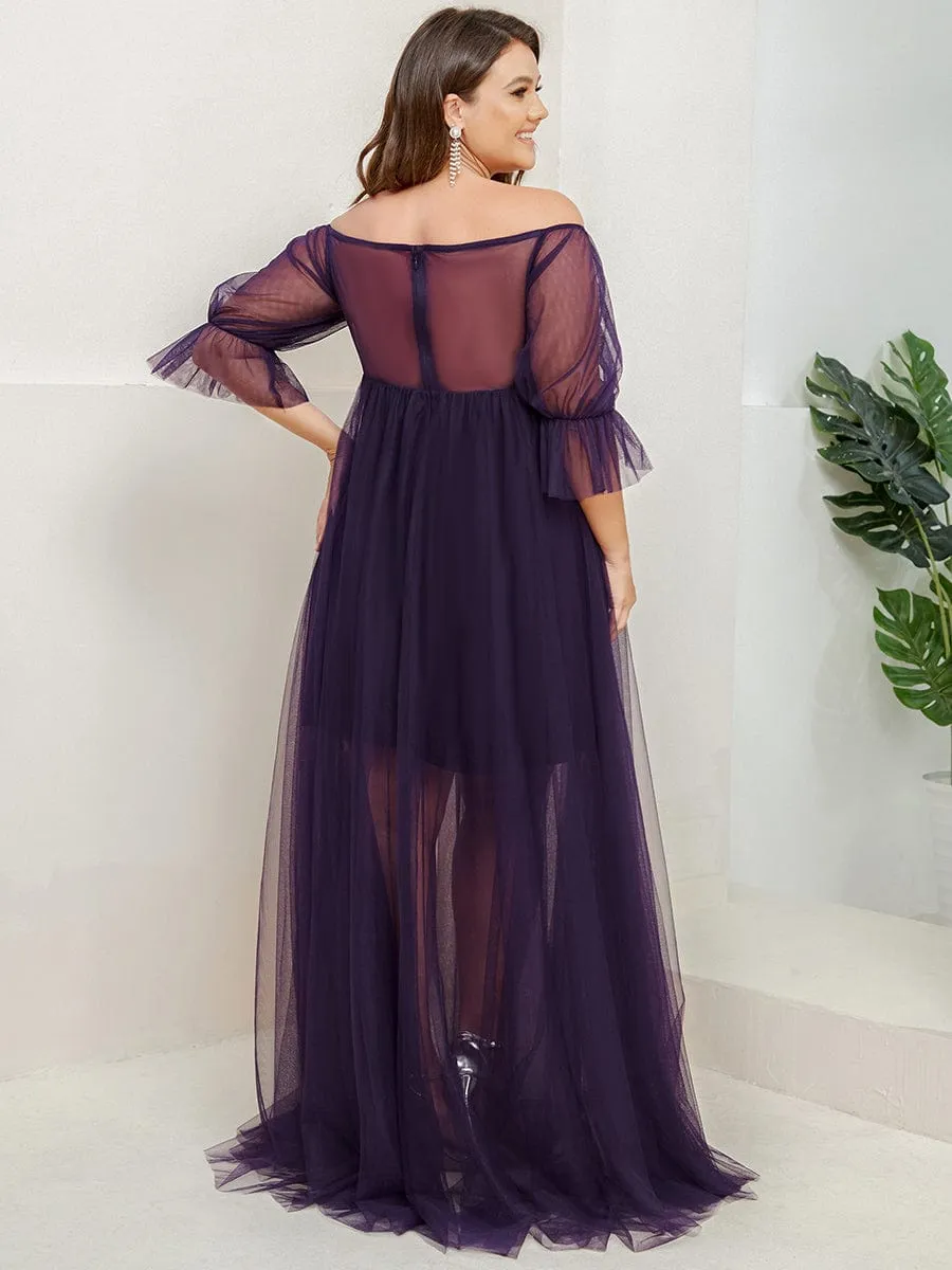 Plus Size Off the Shoulder Pleated Maxi Tulle Maternity Dress
