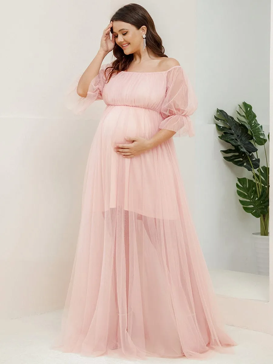 Plus Size Off the Shoulder Pleated Maxi Tulle Maternity Dress