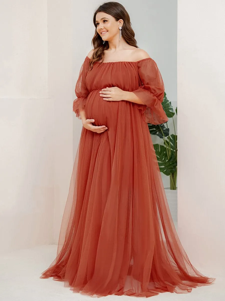 Plus Size Off the Shoulder Pleated Maxi Tulle Maternity Dress