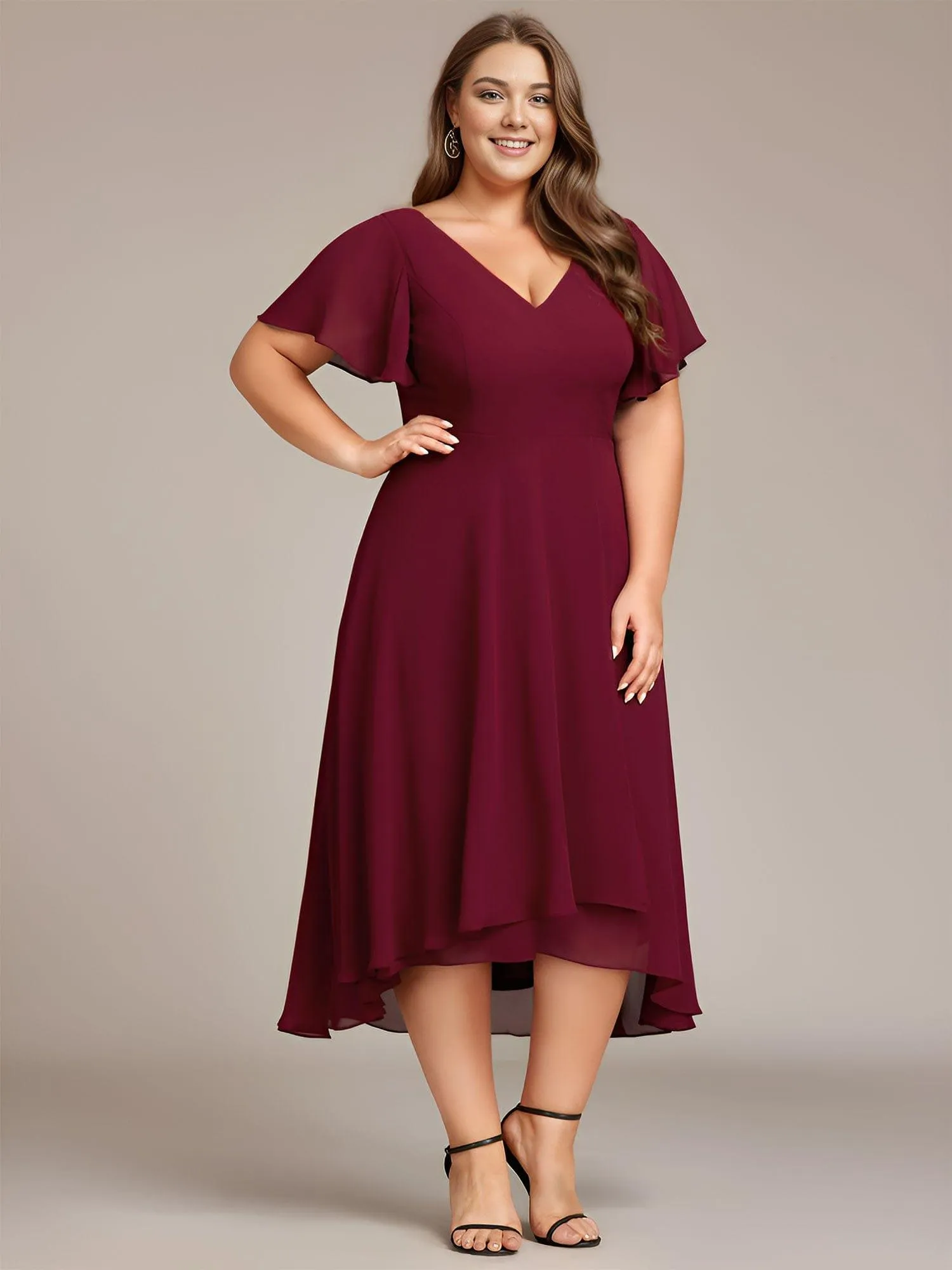Rina | Plus Size Flowing Chiffon V-Neck Ruffle Sleeves Bridesmaid Dress