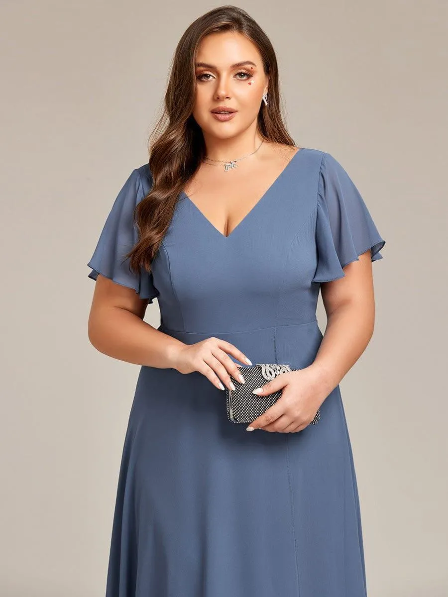 Rina | Plus Size Flowing Chiffon V-Neck Ruffle Sleeves Bridesmaid Dress