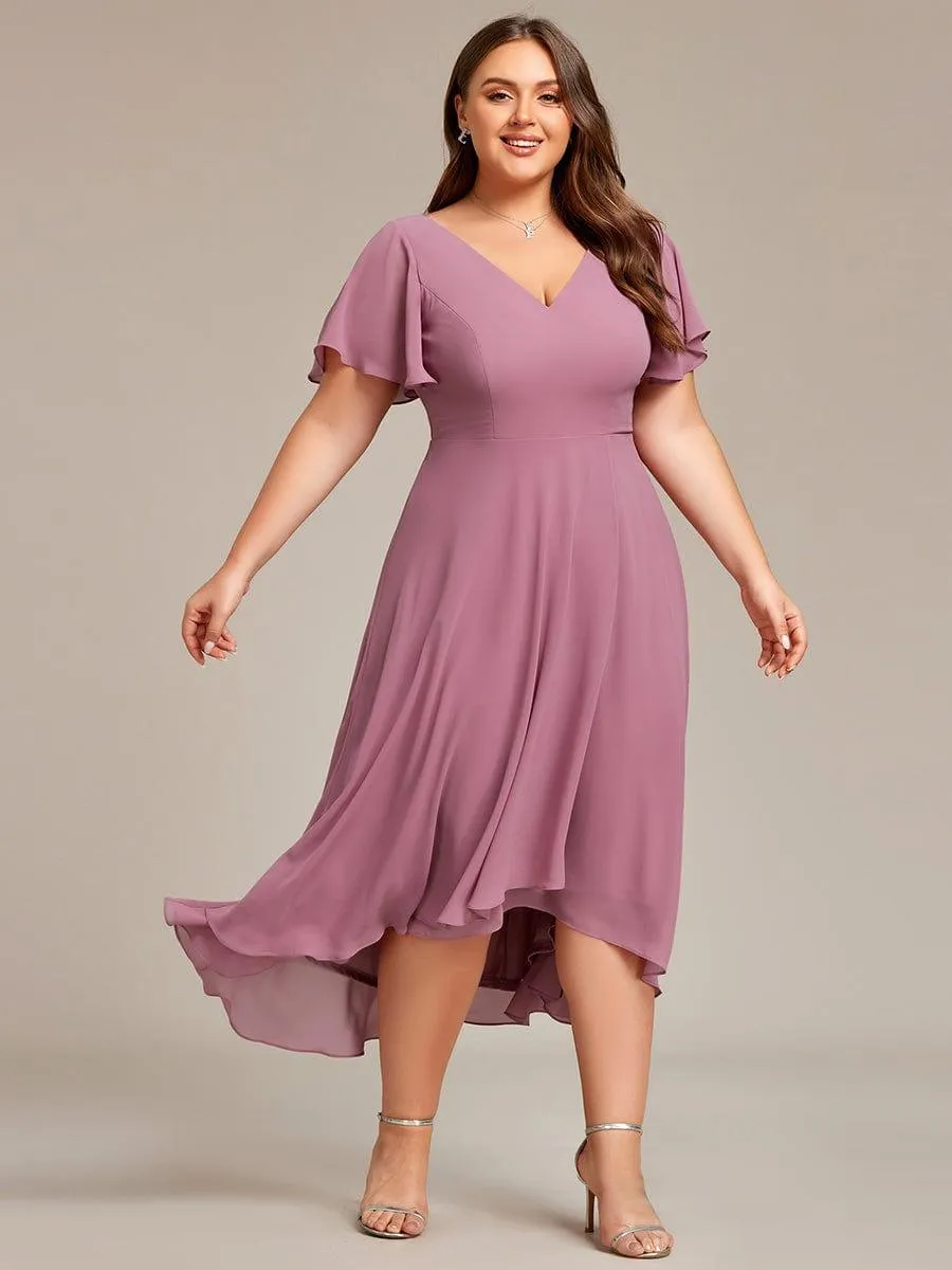 Rina | Plus Size Flowing Chiffon V-Neck Ruffle Sleeves Bridesmaid Dress