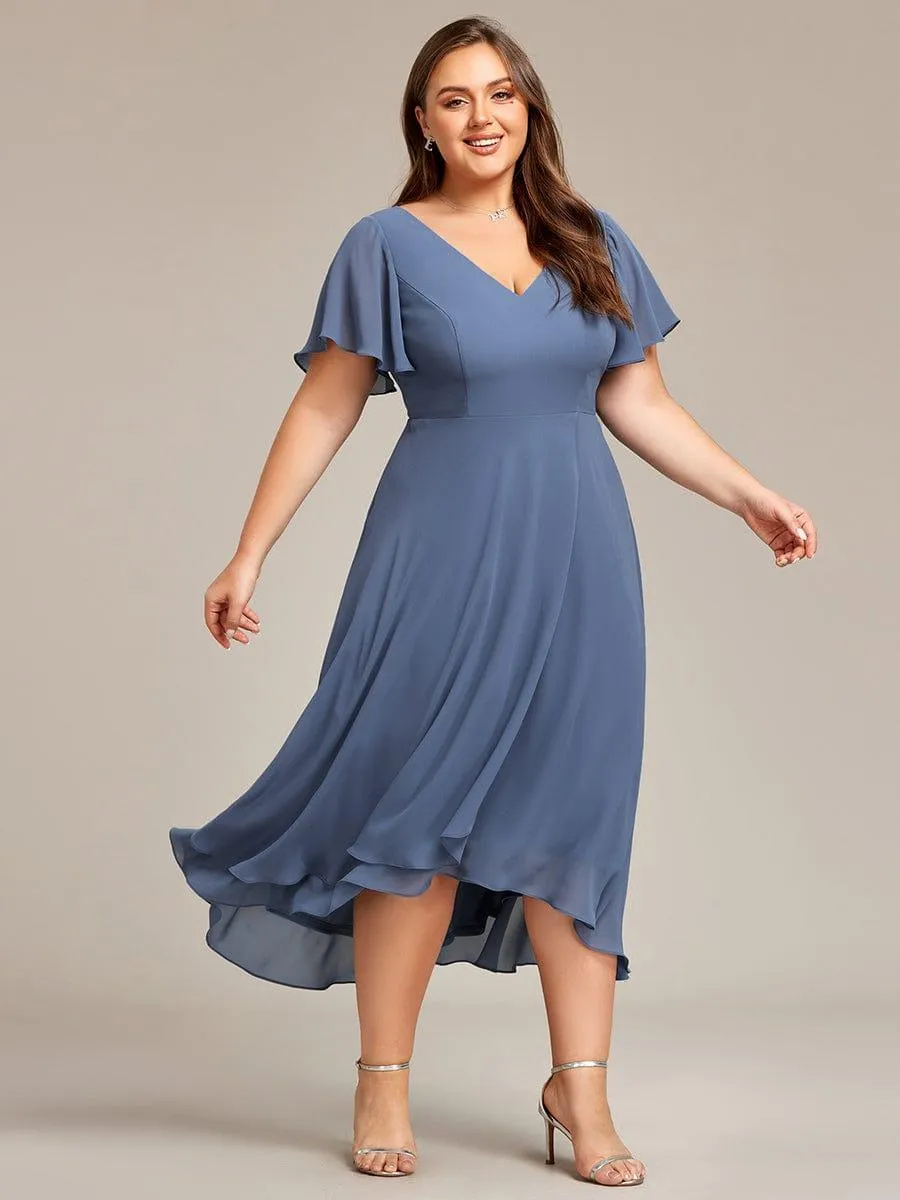 Rina | Plus Size Flowing Chiffon V-Neck Ruffle Sleeves Bridesmaid Dress