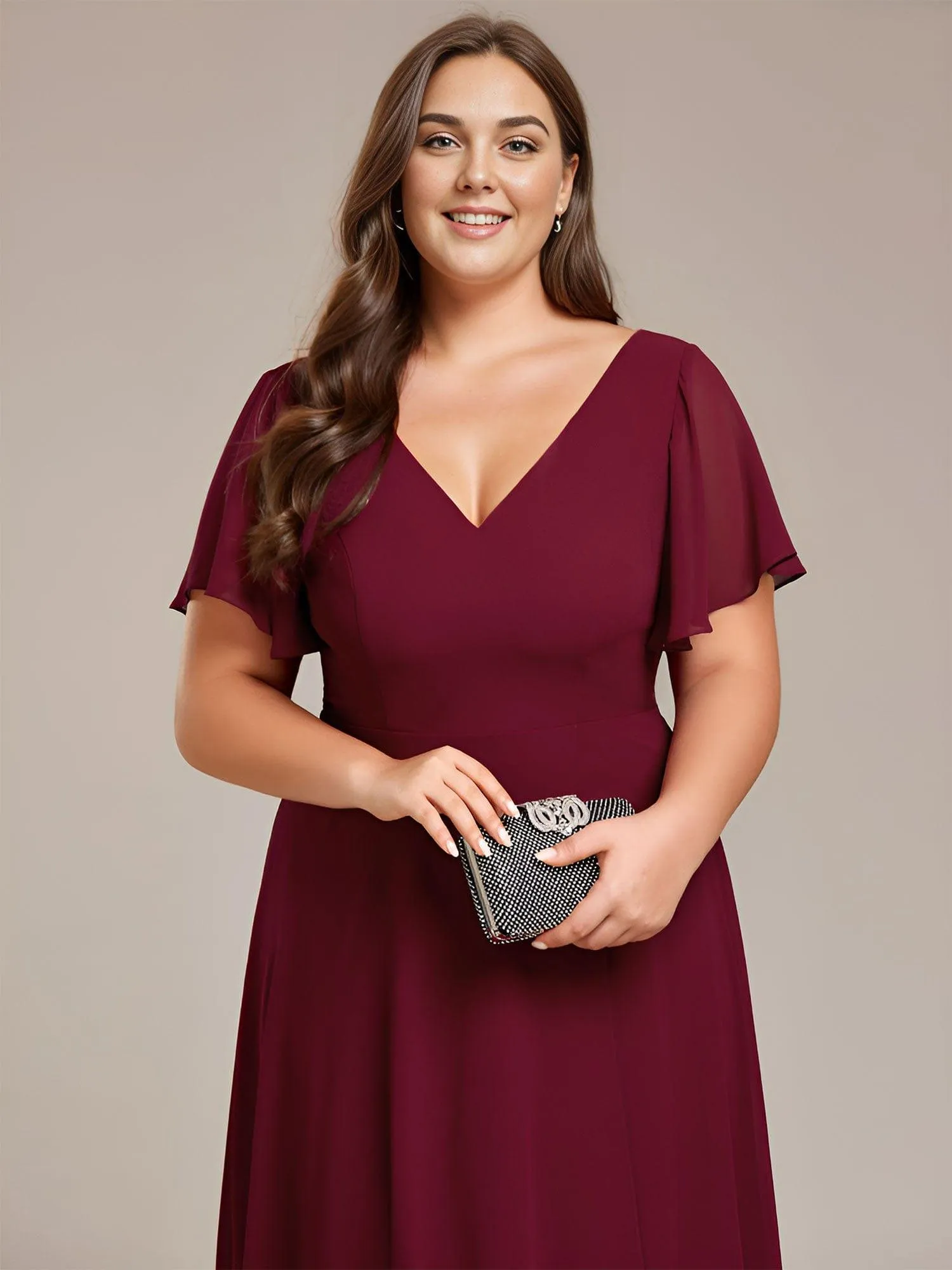 Rina | Plus Size Flowing Chiffon V-Neck Ruffle Sleeves Bridesmaid Dress