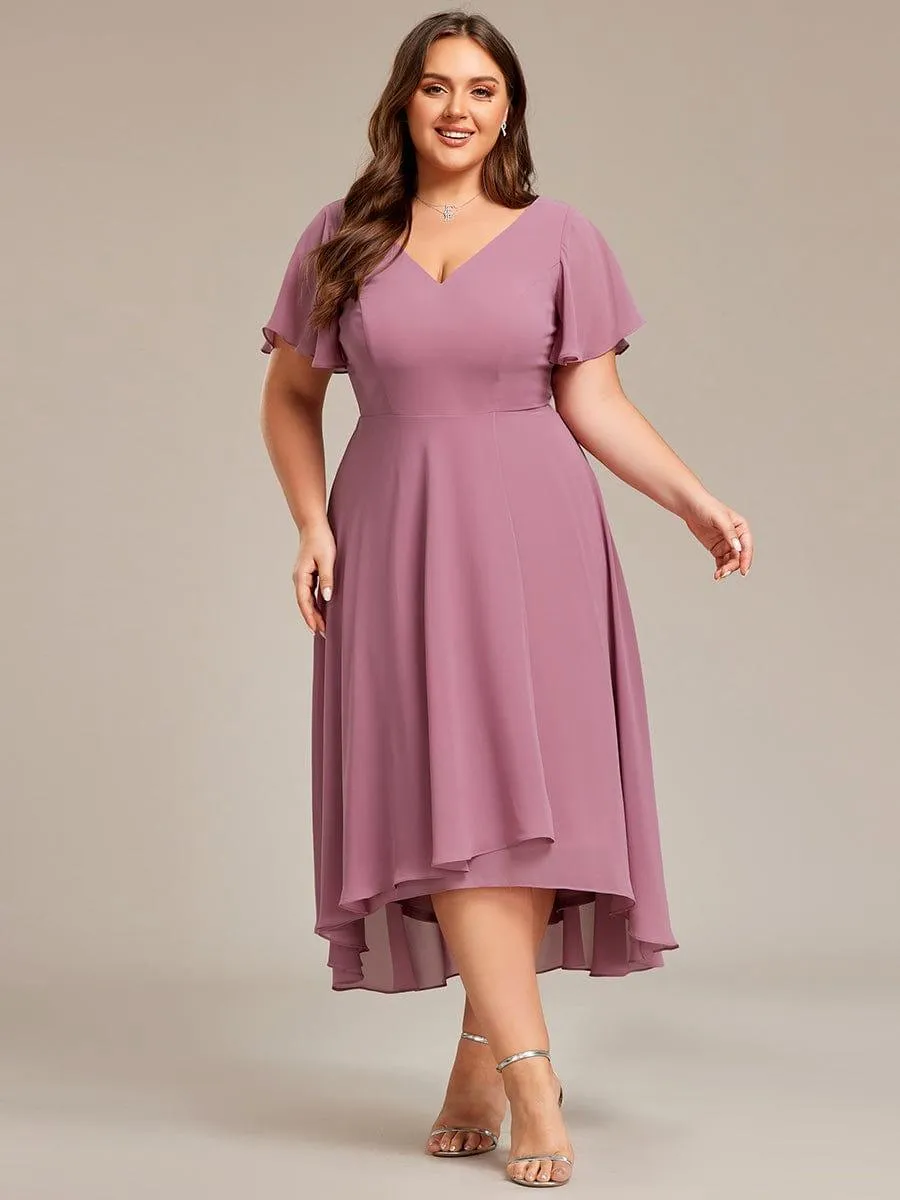 Rina | Plus Size Flowing Chiffon V-Neck Ruffle Sleeves Bridesmaid Dress