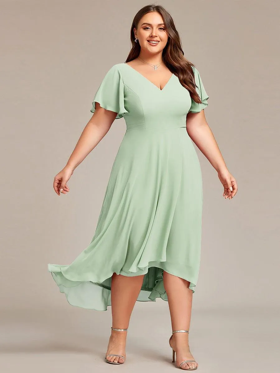 Rina | Plus Size Flowing Chiffon V-Neck Ruffle Sleeves Bridesmaid Dress