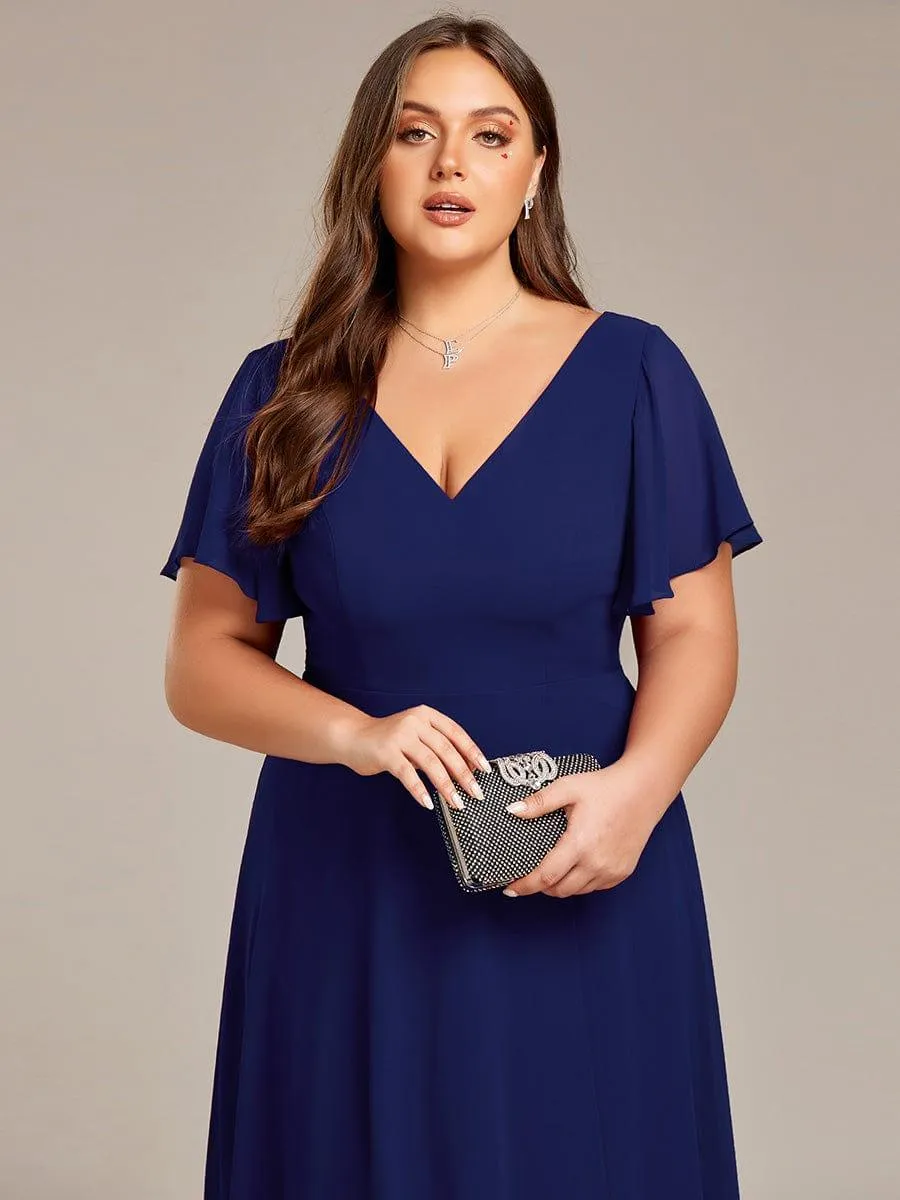 Rina | Plus Size Flowing Chiffon V-Neck Ruffle Sleeves Bridesmaid Dress