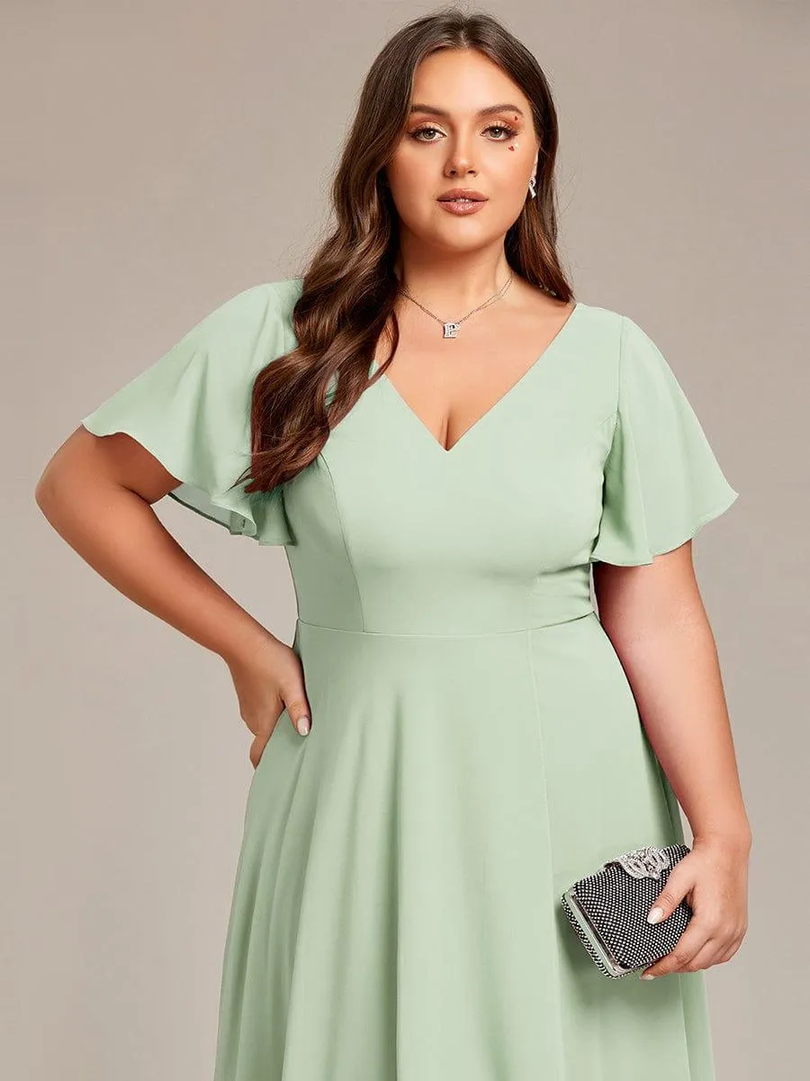 Rina | Plus Size Flowing Chiffon V-Neck Ruffle Sleeves Bridesmaid Dress